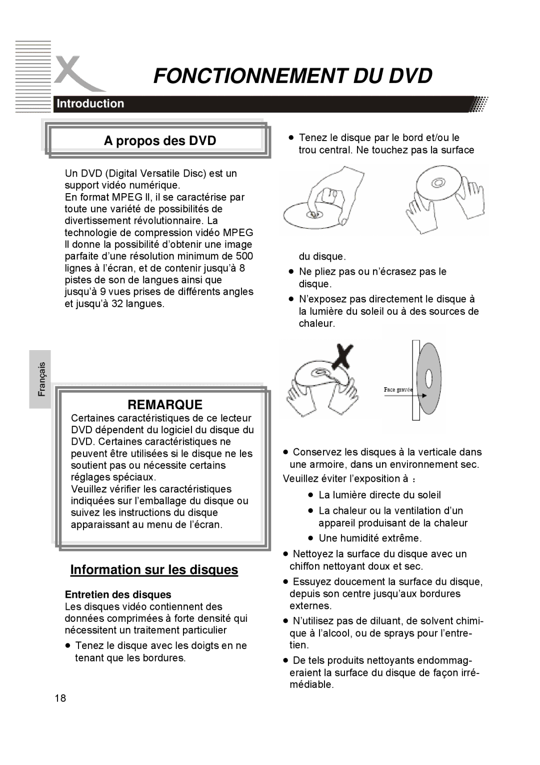 Xoro HTC1900D manual Fonctionnement DU DVD, Entretien des disques 