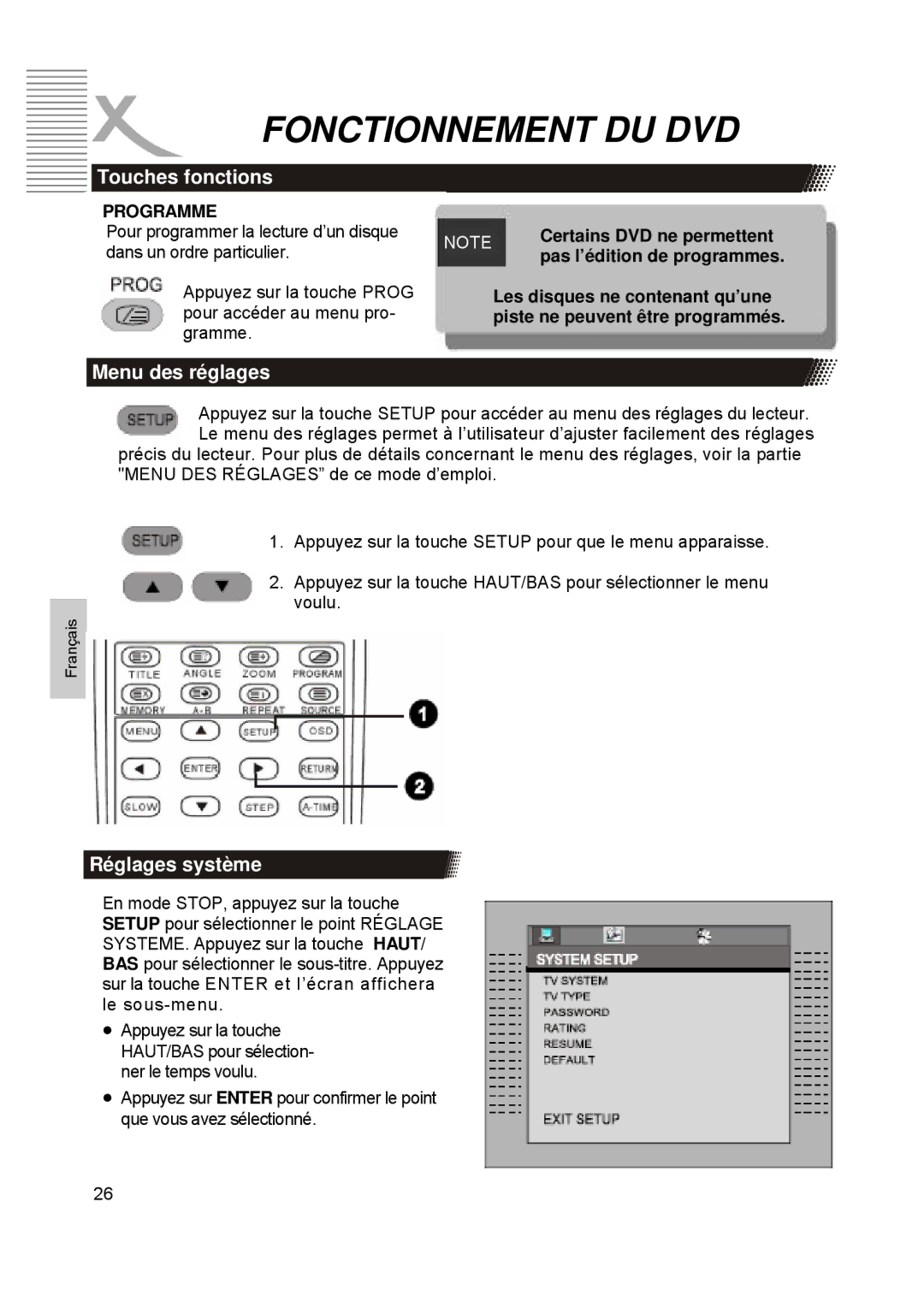 Xoro HTC1900D manual Touches fonctions, Menu des réglages, Réglages système, Programme 