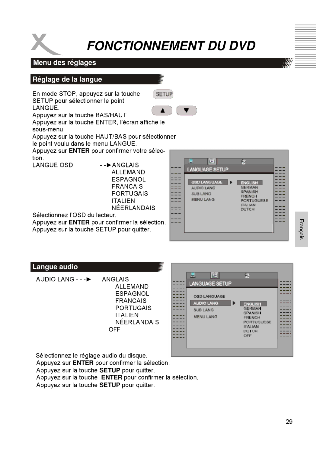 Xoro HTC1900D manual Menu des réglages Réglage de la langue, Langue audio 