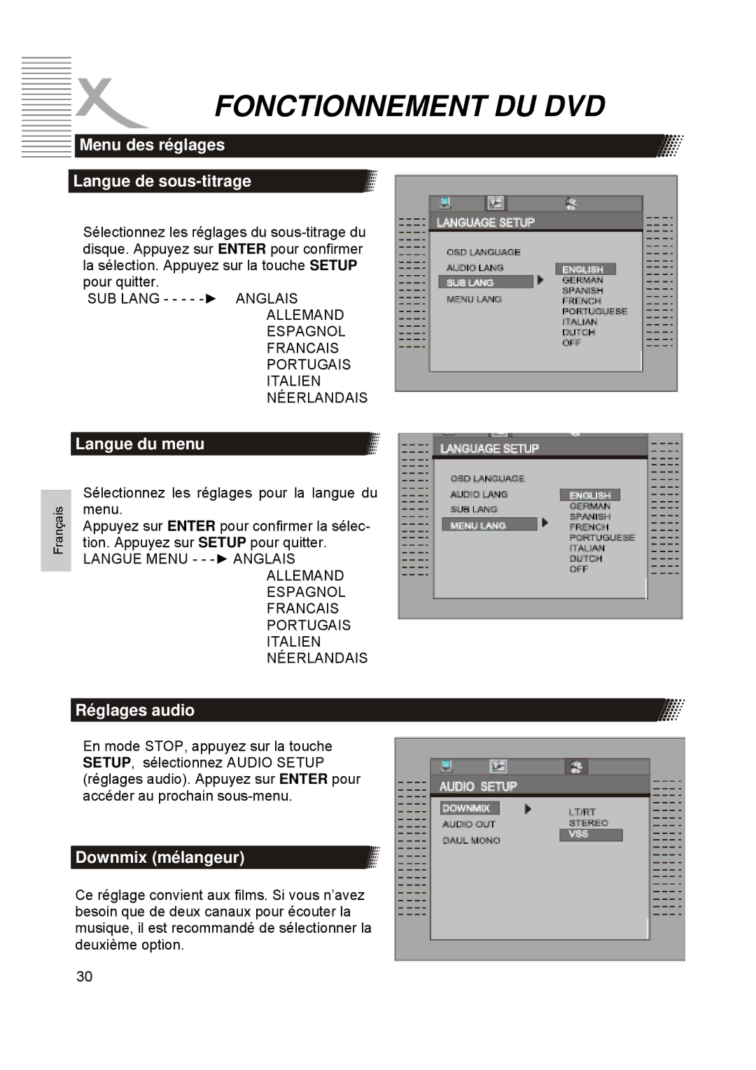 Xoro HTC1900D manual Menu des réglages Langue de sous-titrage, Langue du menu, Réglages audio, Downmix mélangeur 