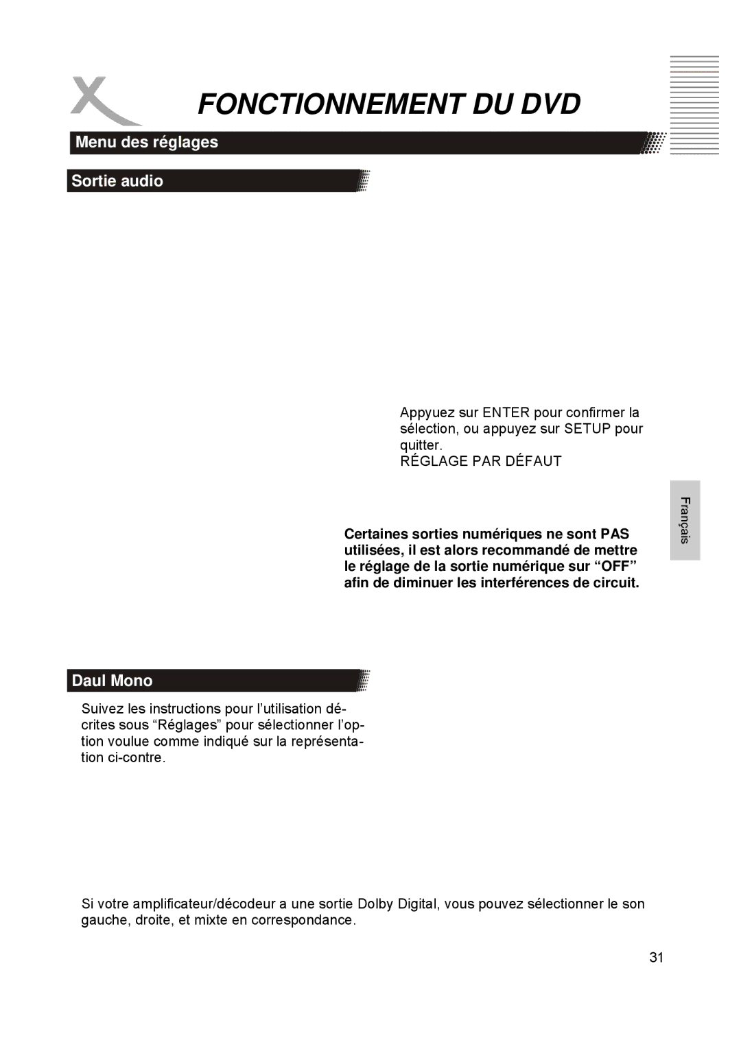 Xoro HTC1900D manual Menu des réglages Sortie audio, Appyuez sur Enter pour confirmer la, Quitter, Réglage PAR Défaut 