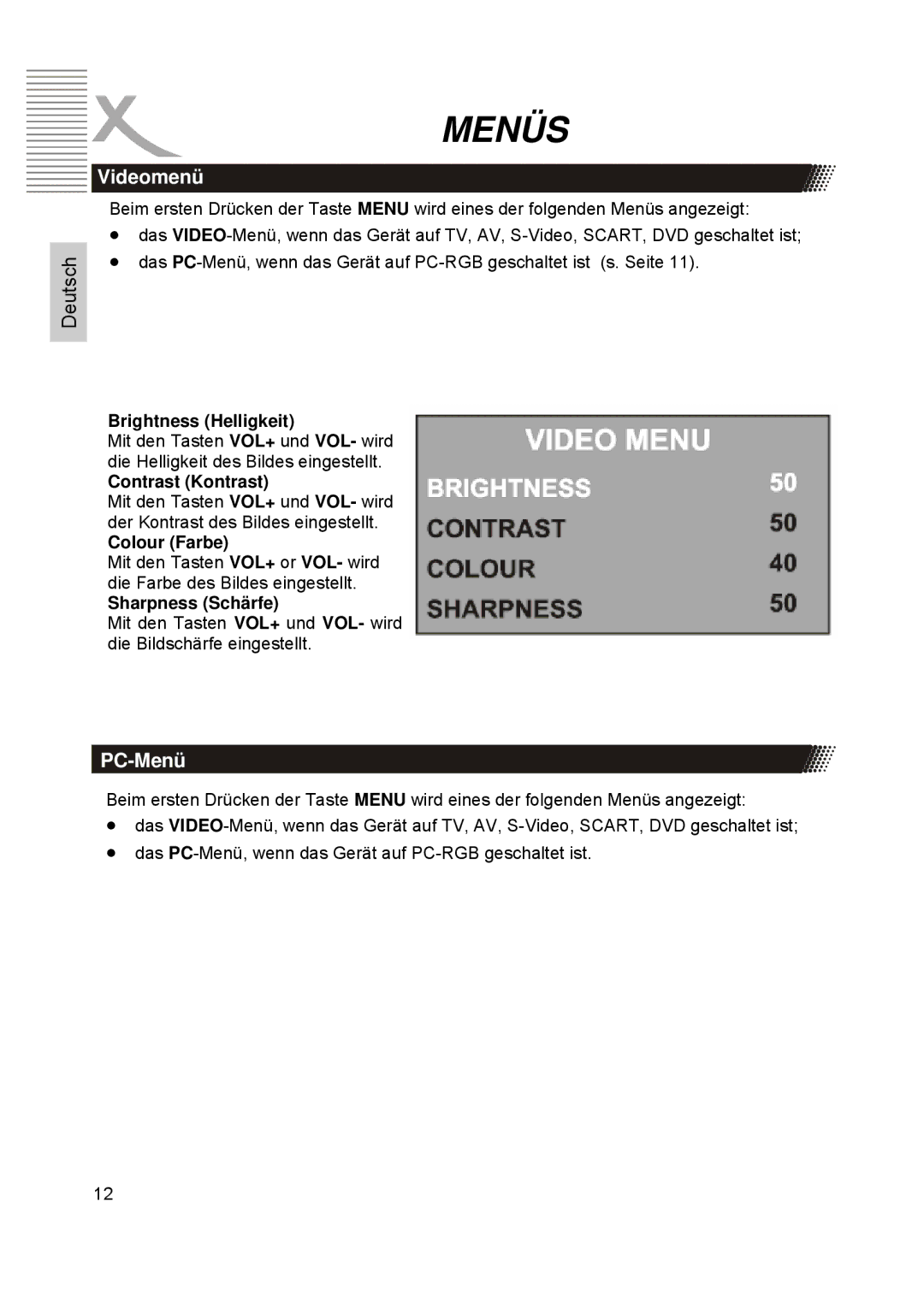 Xoro HTC1900D manual Videomenü, PC-Menü 