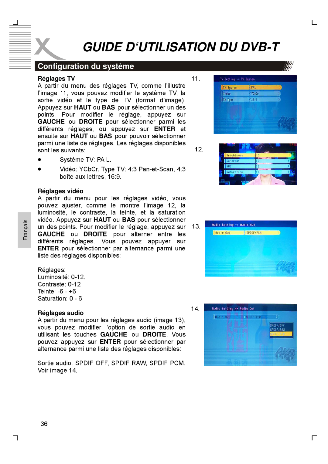 Xoro HTC1900D manual Configuration du système, Réglages TV, Réglages vidéo, Réglages audio 