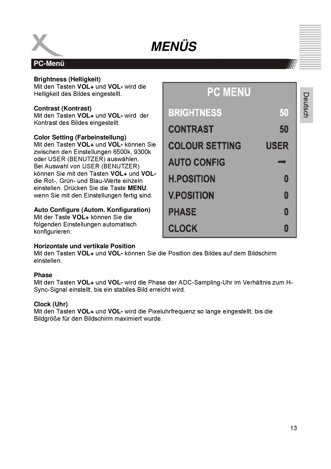 Xoro HTC1900D manual Color Setting Farbeinstellung, Phase, Clock Uhr 