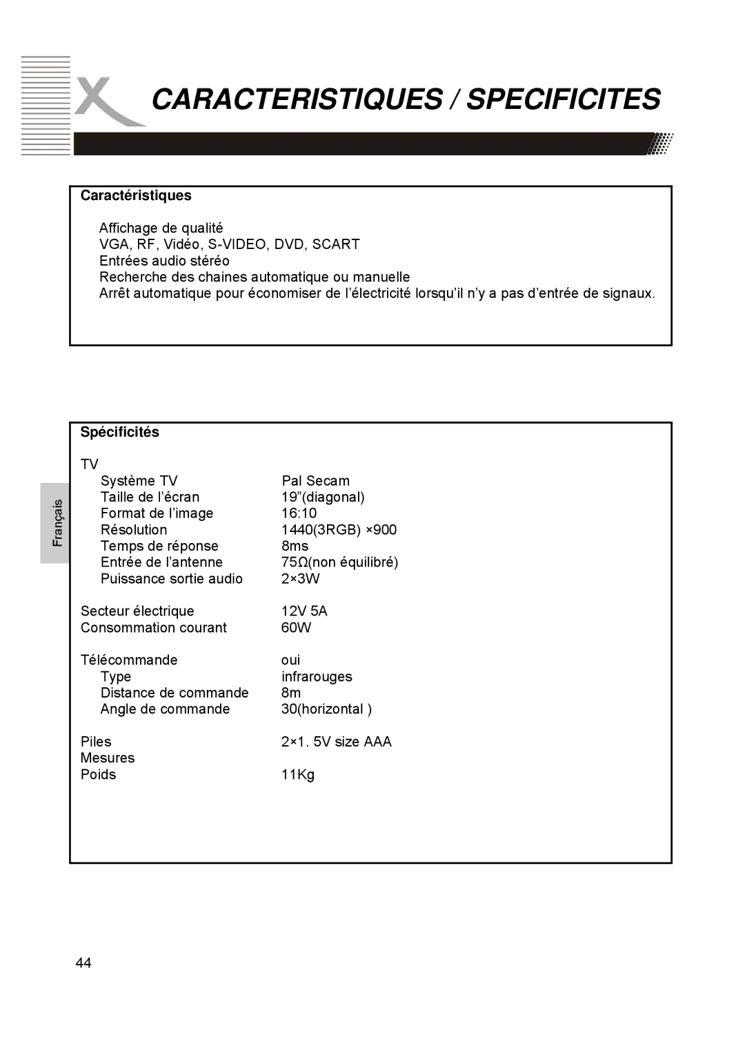 Xoro HTC1900D manual Caracteristiques / Specificites, Caractéristiques, Spécificités 