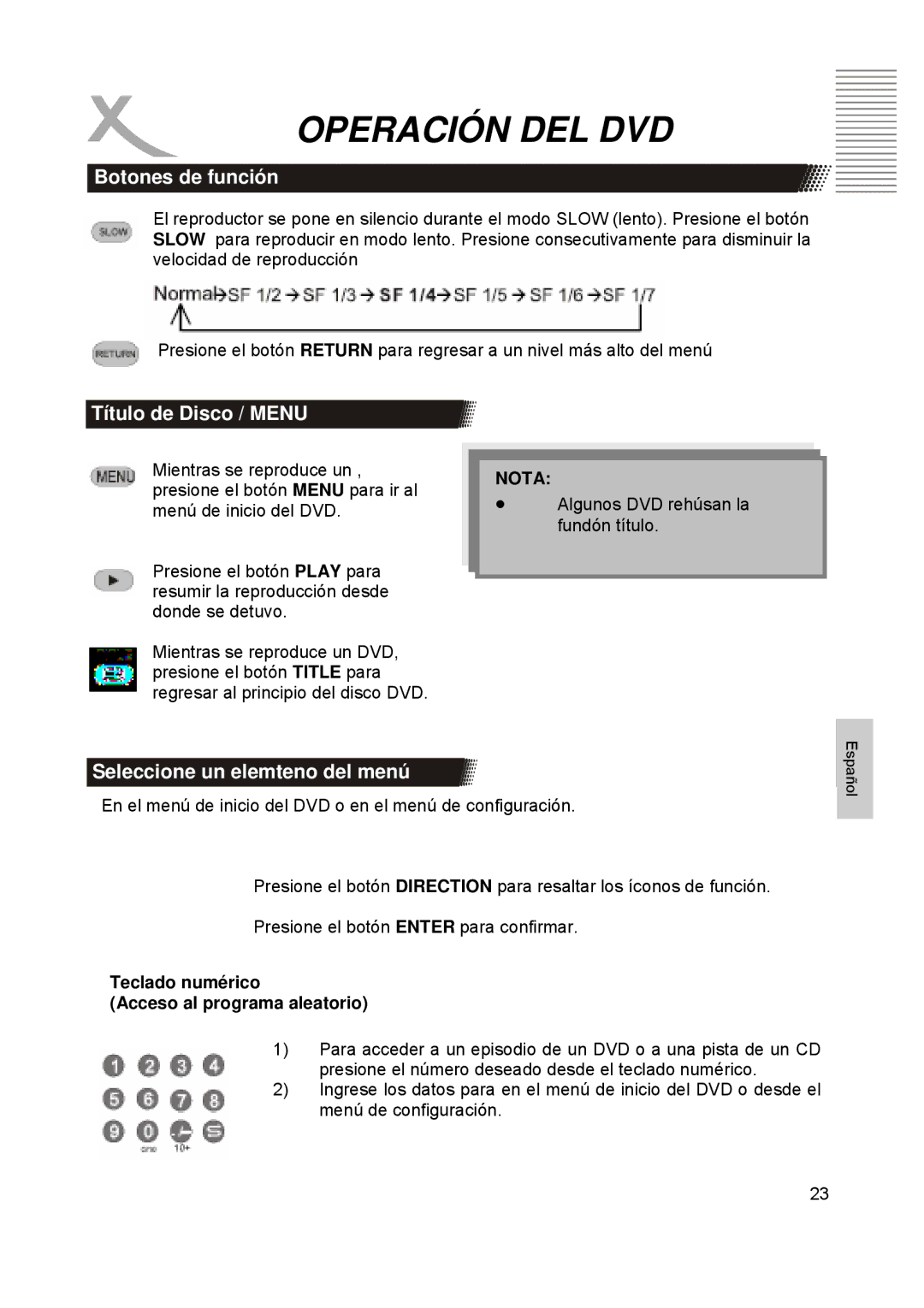 Xoro HTC1900D manual Título de Disco / Menu, Seleccione un elemteno del menú, Teclado numérico Acceso al programa aleatorio 