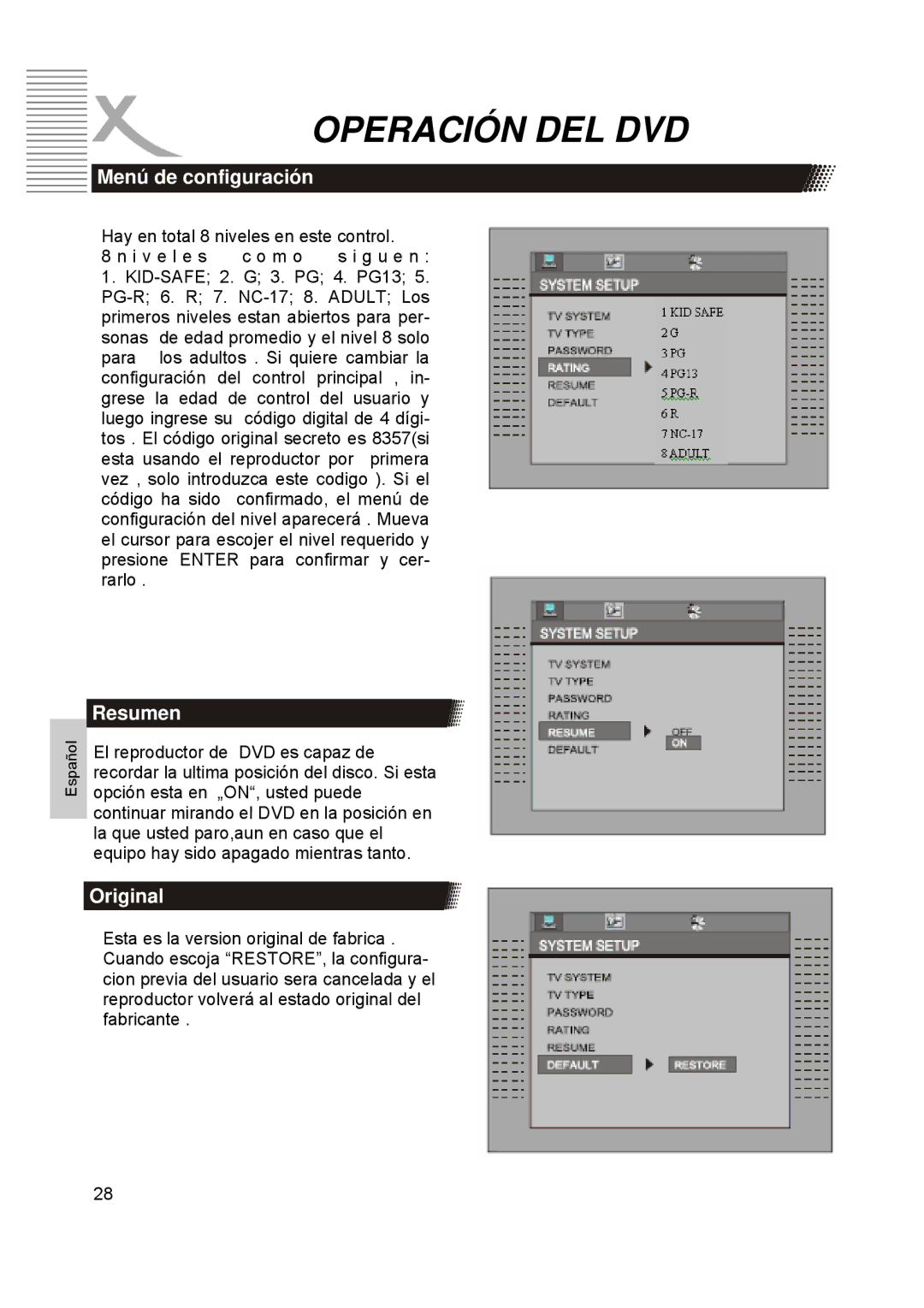 Xoro HTC1900D manual Menú de configuración, Resumen, Original 