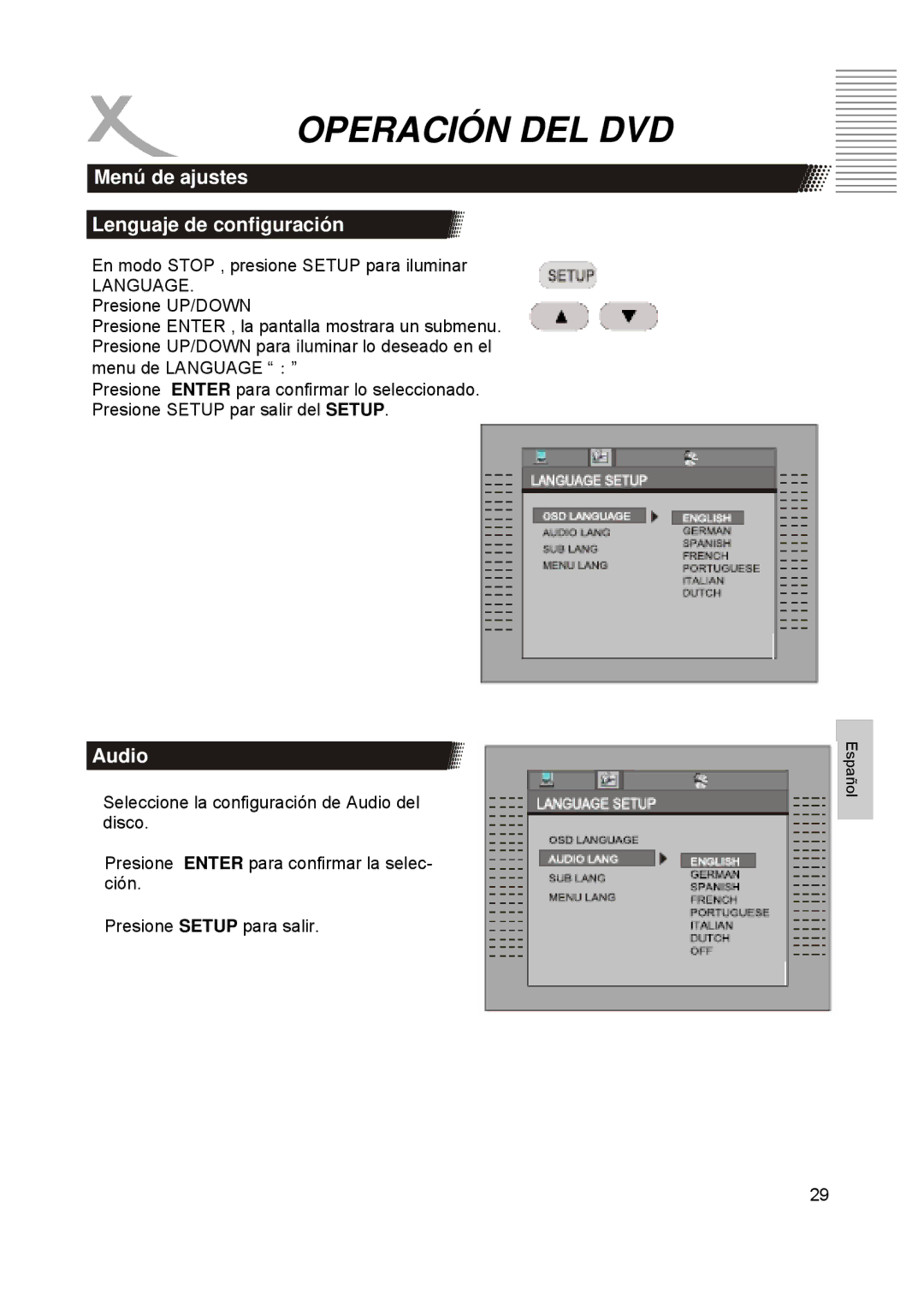 Xoro HTC1900D manual Menú de ajustes Lenguaje de configuración, Audio 