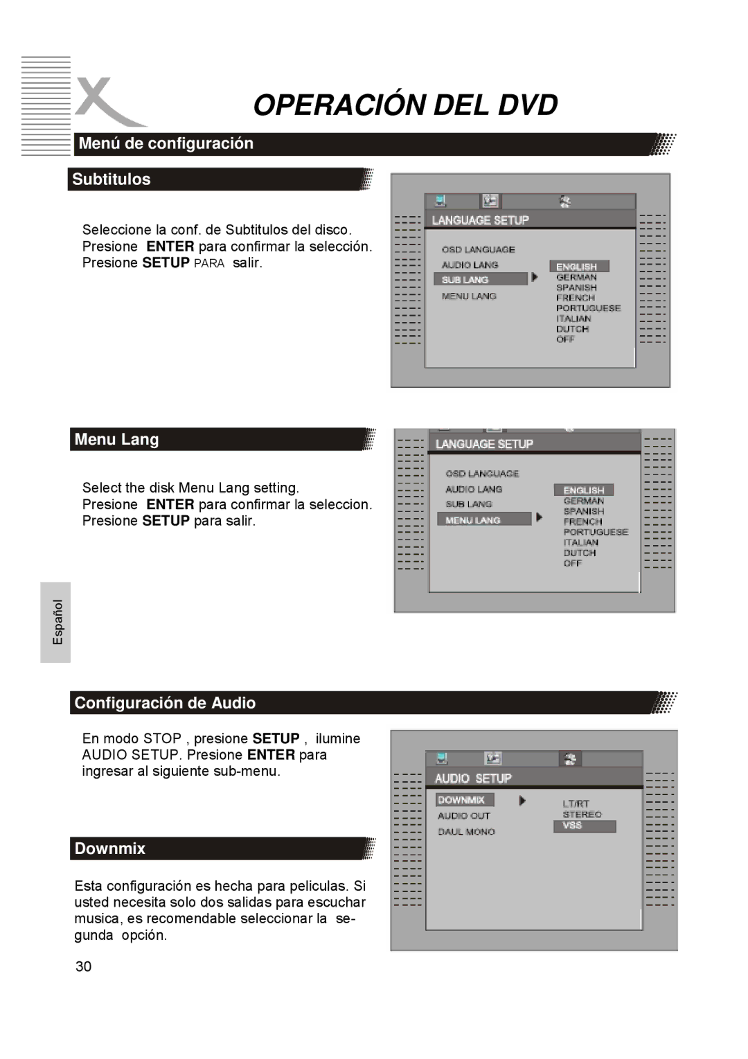 Xoro HTC1900D manual Menú de configuración Subtitulos, Configuración de Audio 