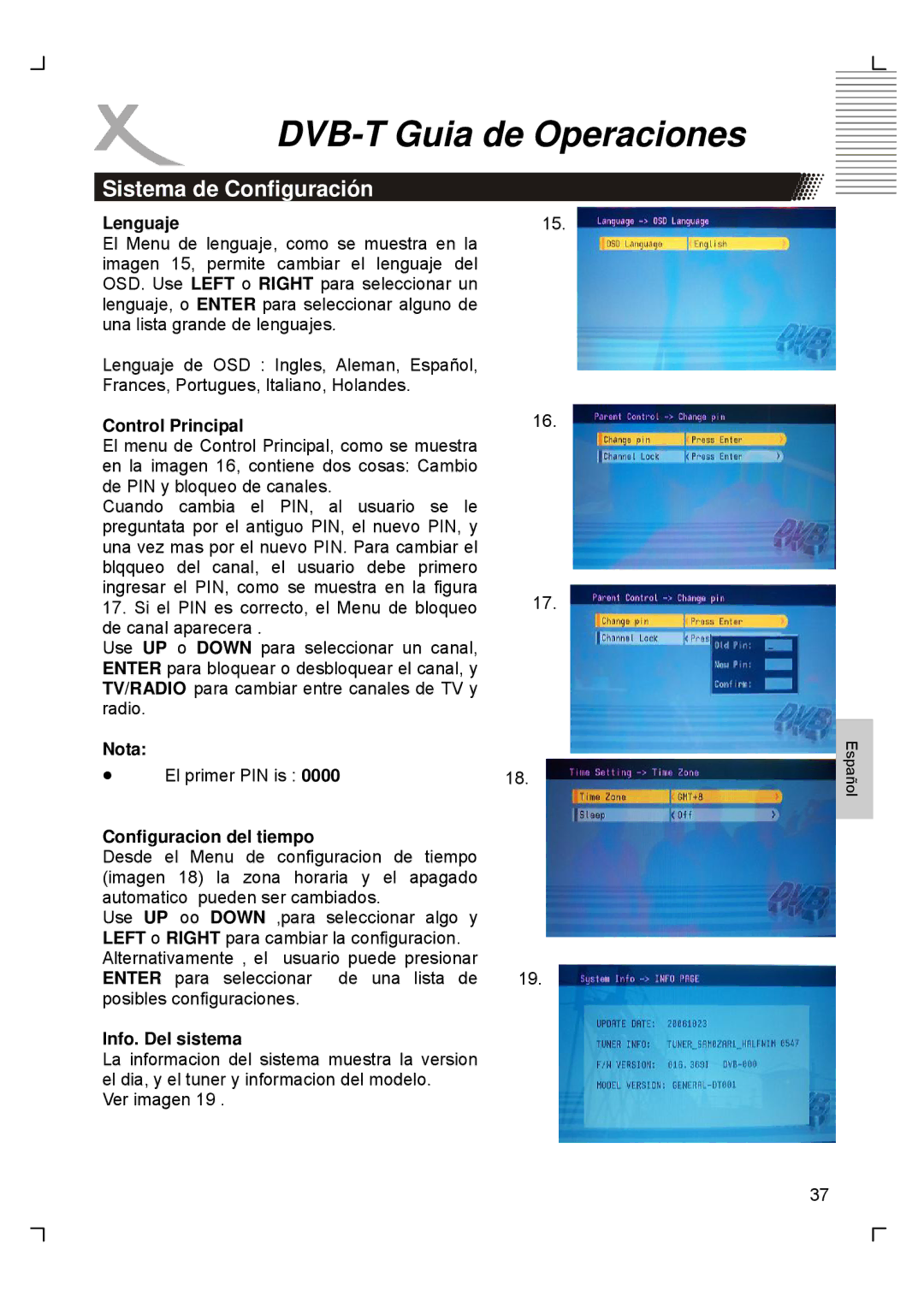 Xoro HTC1900D manual Lenguaje, Control Principal, Configuracion del tiempo, Info. Del sistema 