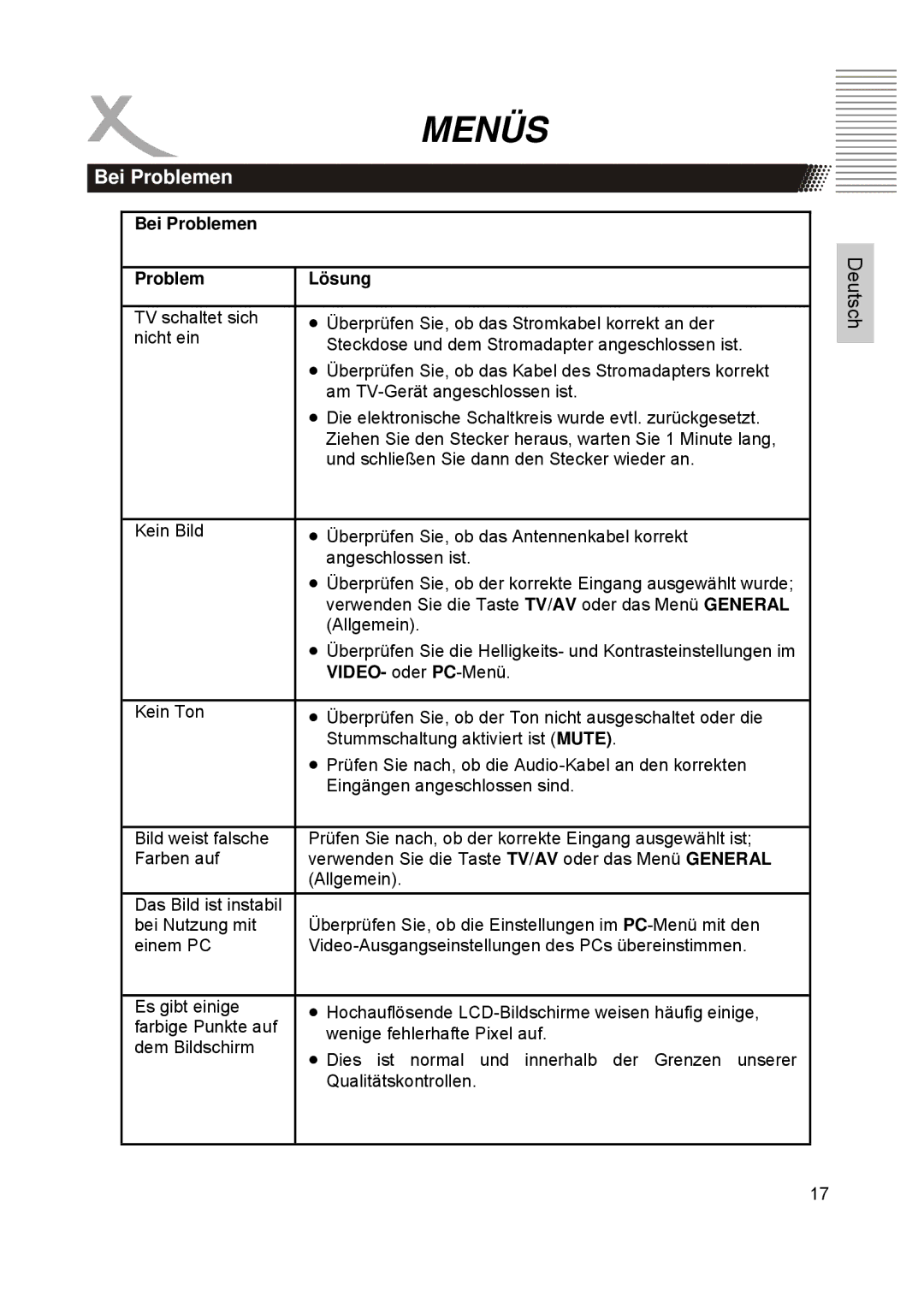 Xoro HTC1900D manual Bei Problemen, Problem Lösung 