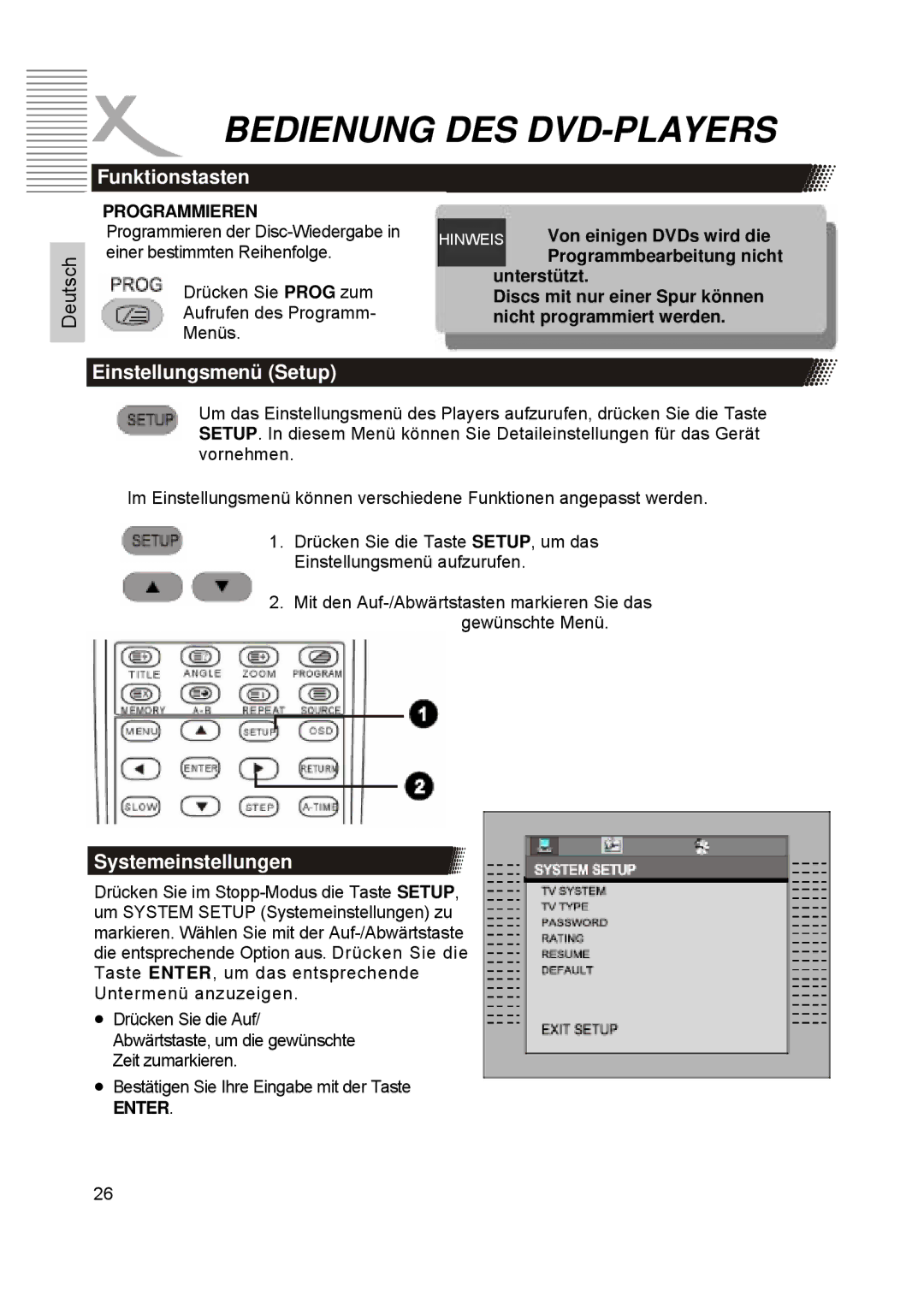 Xoro HTC1900D manual Funktionstasten, Einstellungsmenü Setup, Systemeinstellungen, Programmieren, Enter 