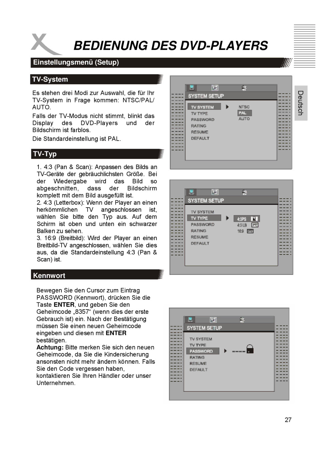 Xoro HTC1900D manual Einstellungsmenü Setup TV-System, TV-Typ, Kennwort 