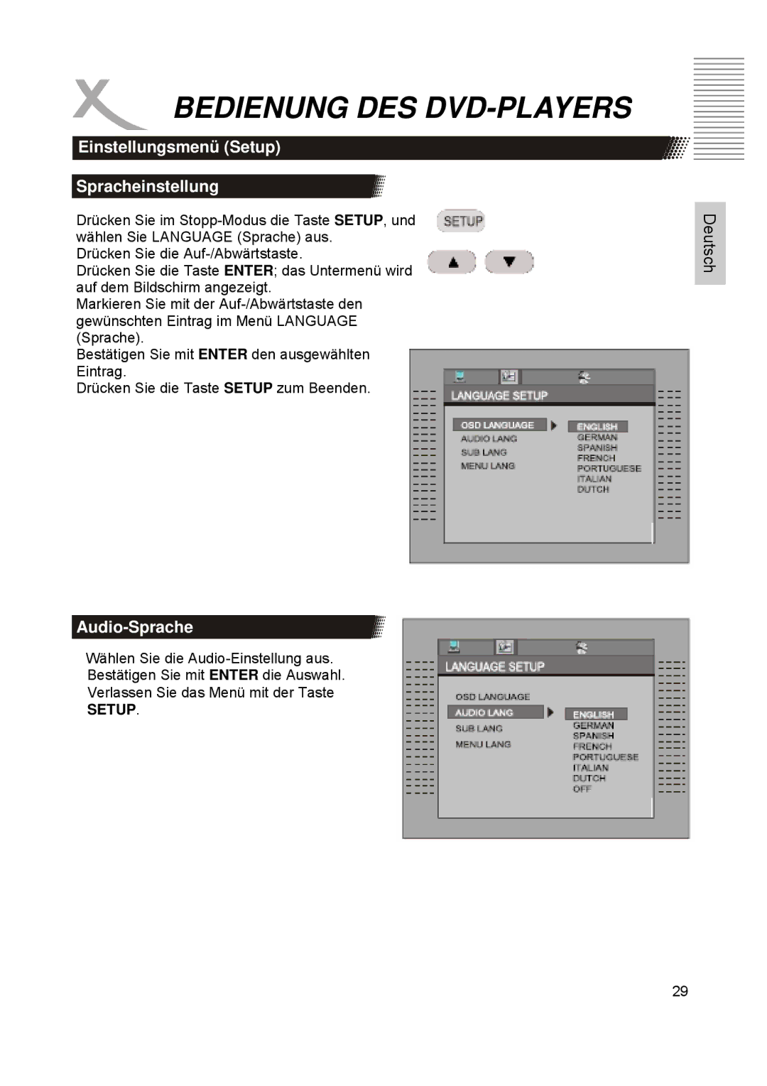 Xoro HTC1900D manual Einstellungsmenü Setup Spracheinstellung, Audio-Sprache 