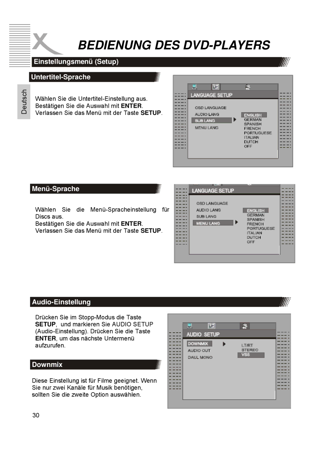 Xoro HTC1900D manual Untertitel-Sprache, Menü-Sprache, Audio-Einstellung, Downmix 