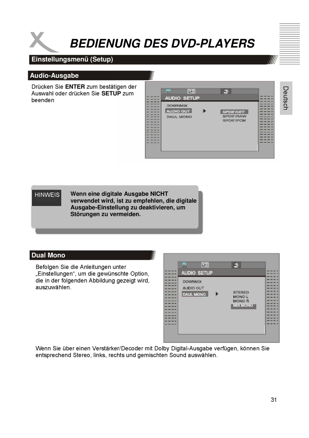 Xoro HTC1900D manual Einstellungsmenü Setup Audio-Ausgabe, Dual Mono 