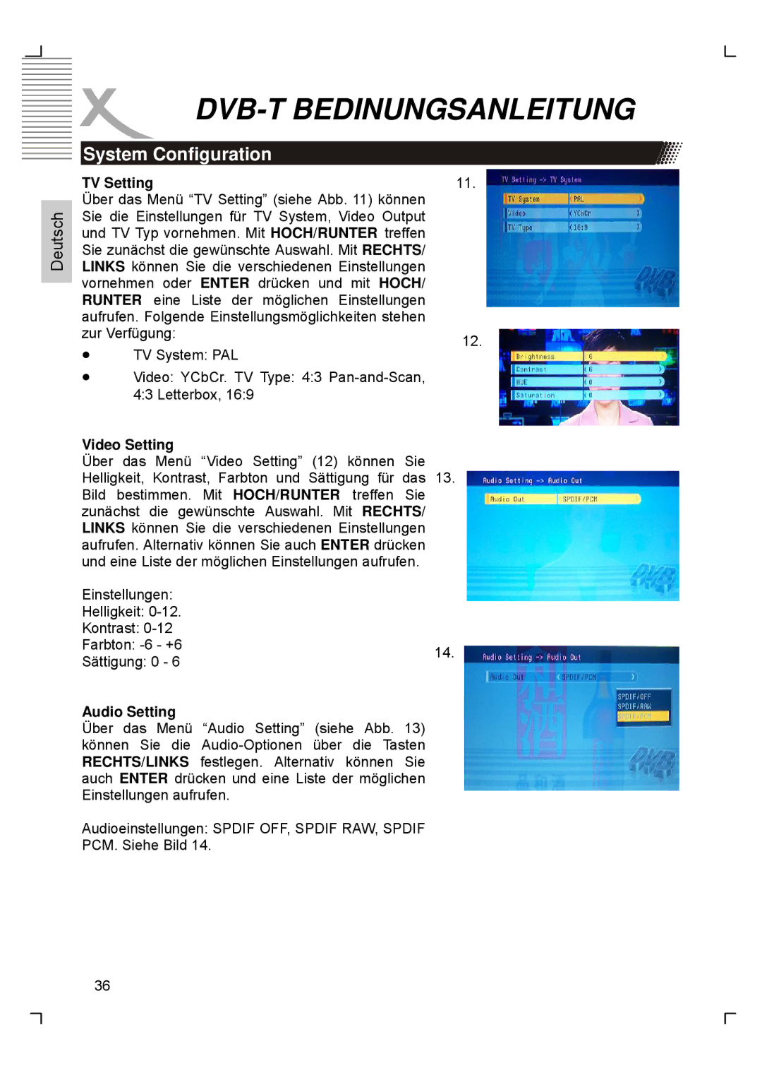 Xoro HTC1900D manual System Configuration, TV Setting, Video Setting, Audio Setting 