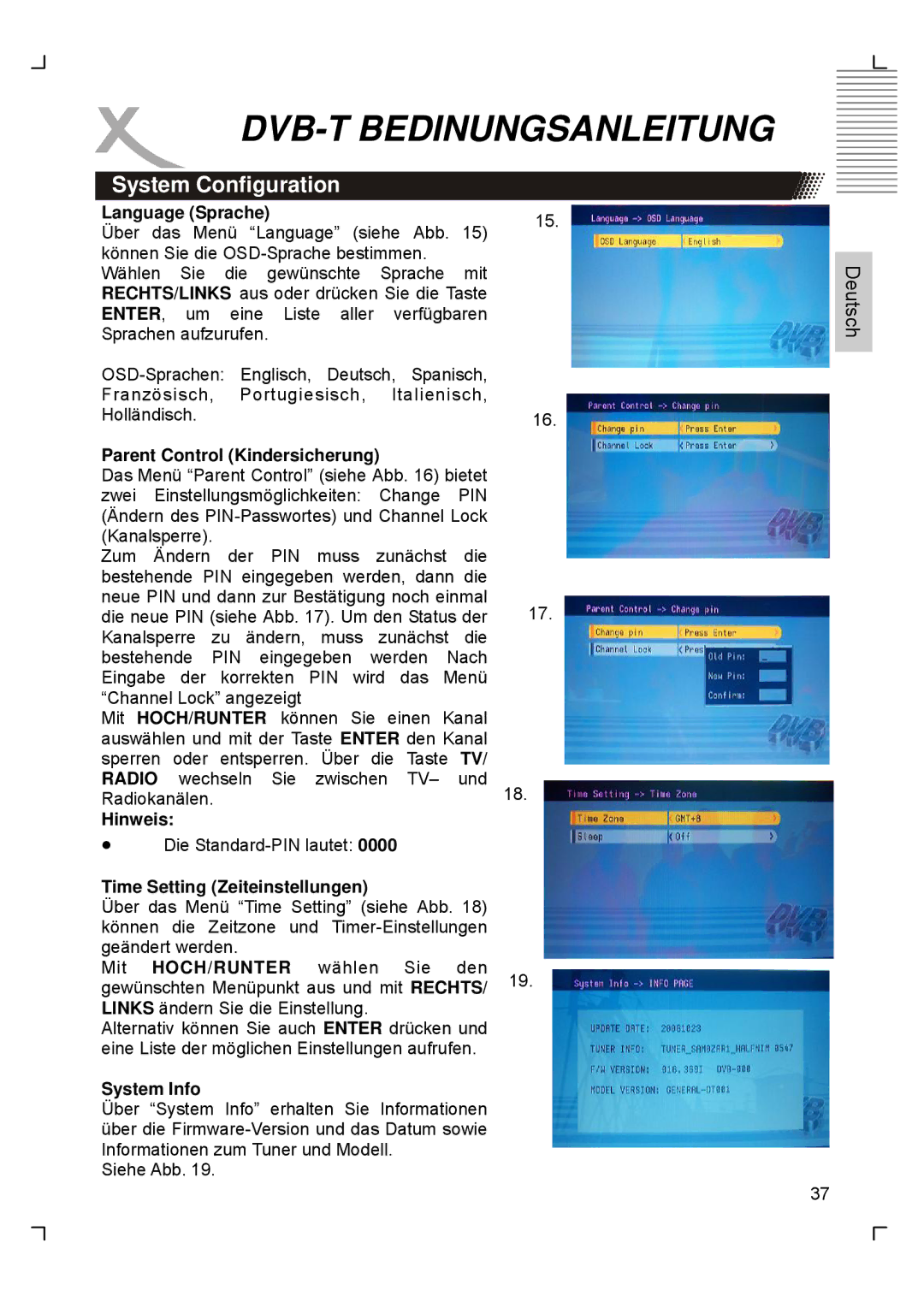 Xoro HTC1900D manual Parent Control Kindersicherung, Time Setting Zeiteinstellungen, System Info 