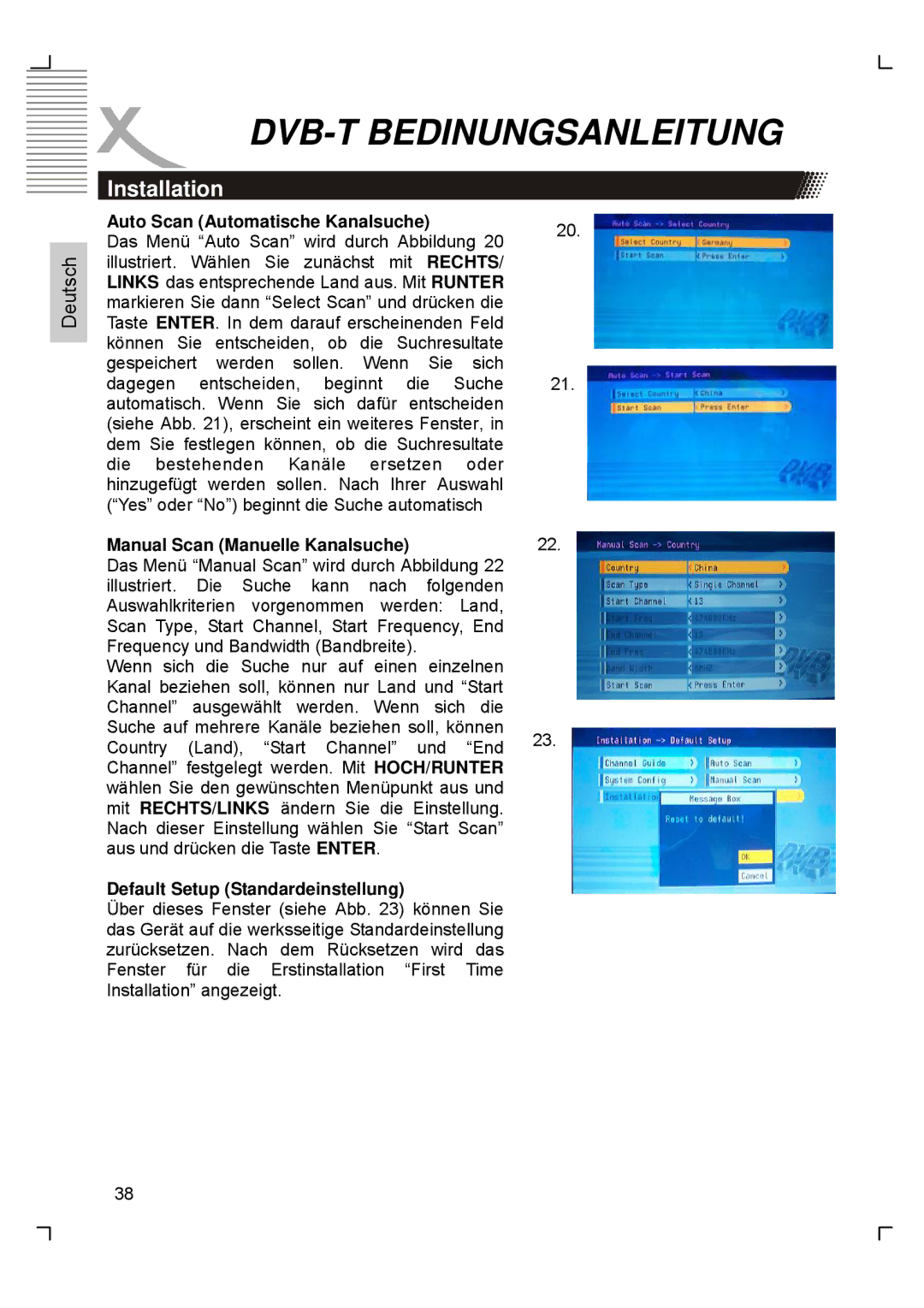 Xoro HTC1900D manual Installation, Auto Scan Automatische Kanalsuche, Manual Scan Manuelle Kanalsuche 
