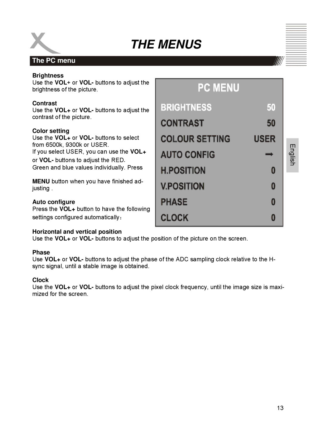 Xoro HTC1900D manual Color setting, Auto configure, Horizontal and vertical position, Clock 