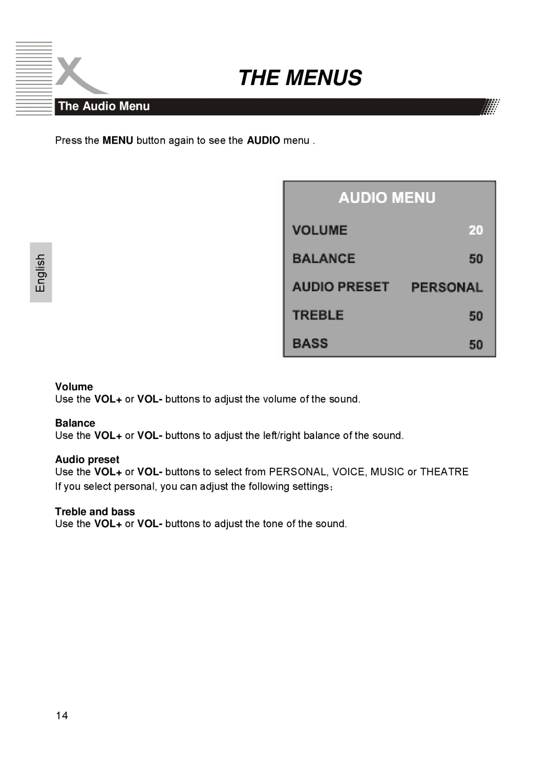 Xoro HTC1900D manual Audio Menu, Volume, Audio preset, Treble and bass 