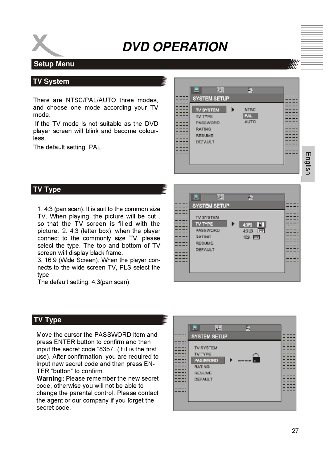 Xoro HTC1900D manual Setup Menu TV System, TV Type 