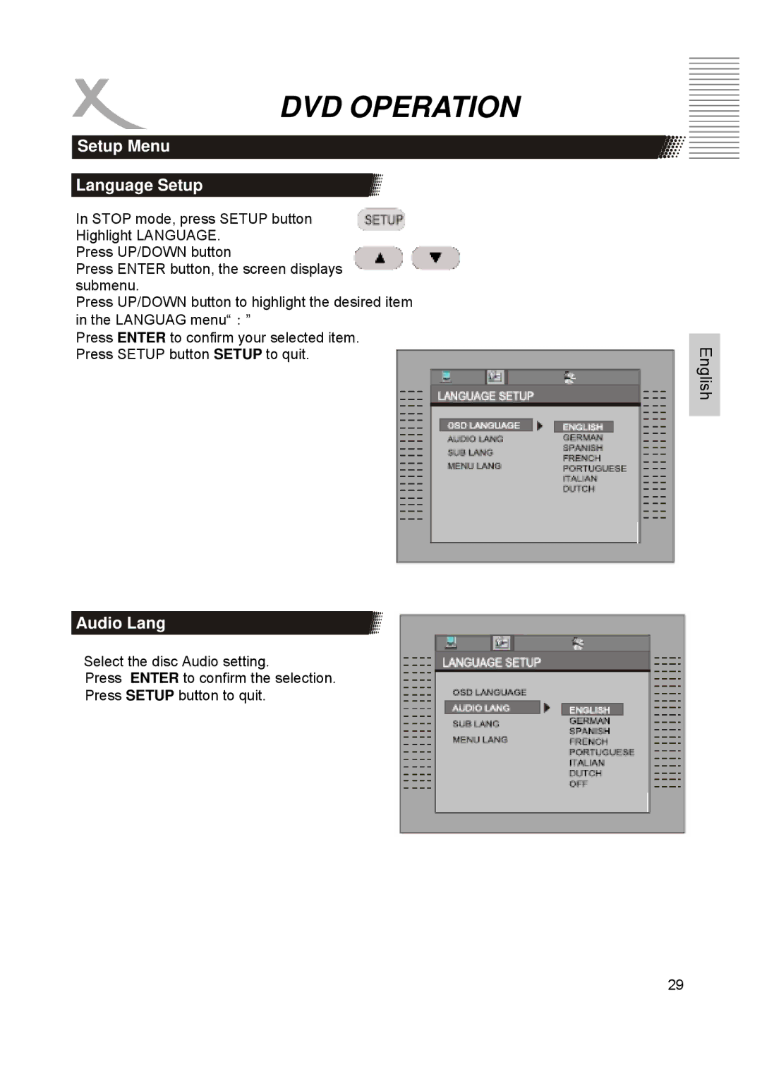 Xoro HTC1900D manual Setup Menu Language Setup, Audio Lang 