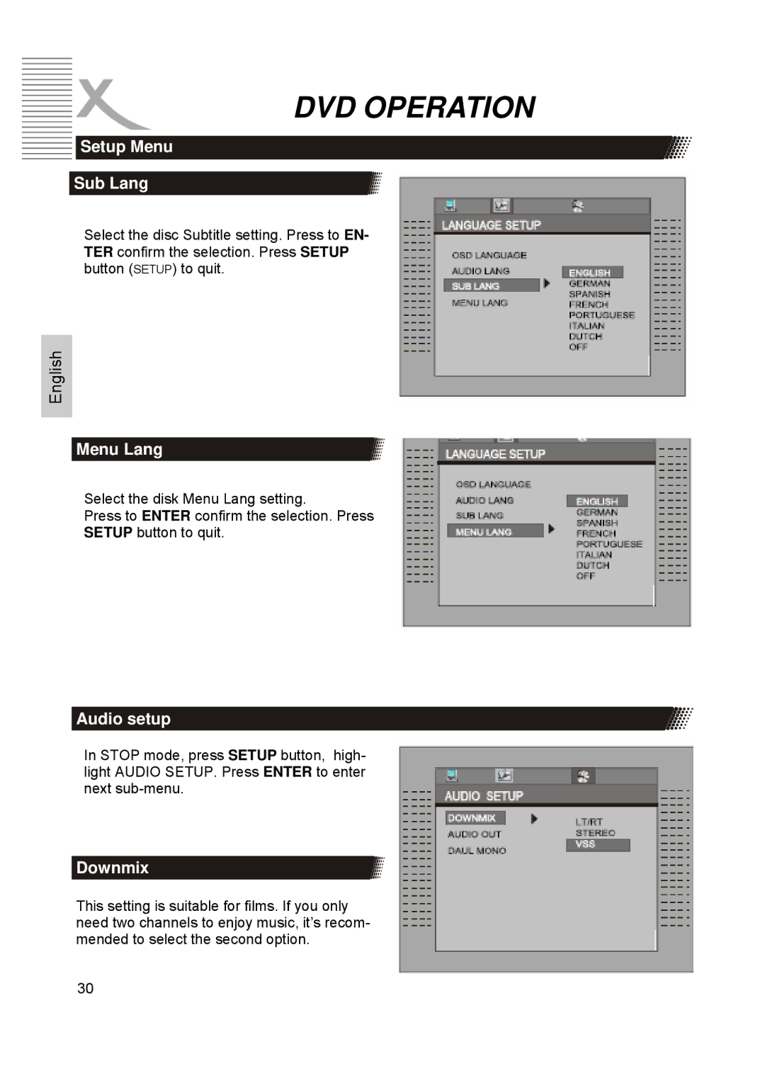 Xoro HTC1900D manual Setup Menu Sub Lang, Menu Lang, Audio setup 