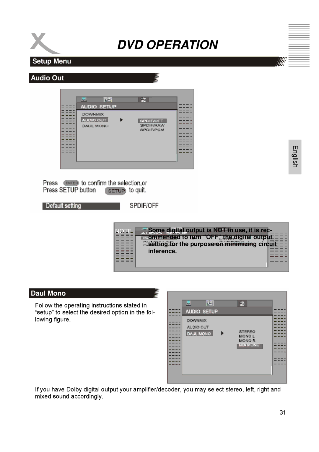 Xoro HTC1900D manual Setup Menu Audio Out, Daul Mono, Inference 