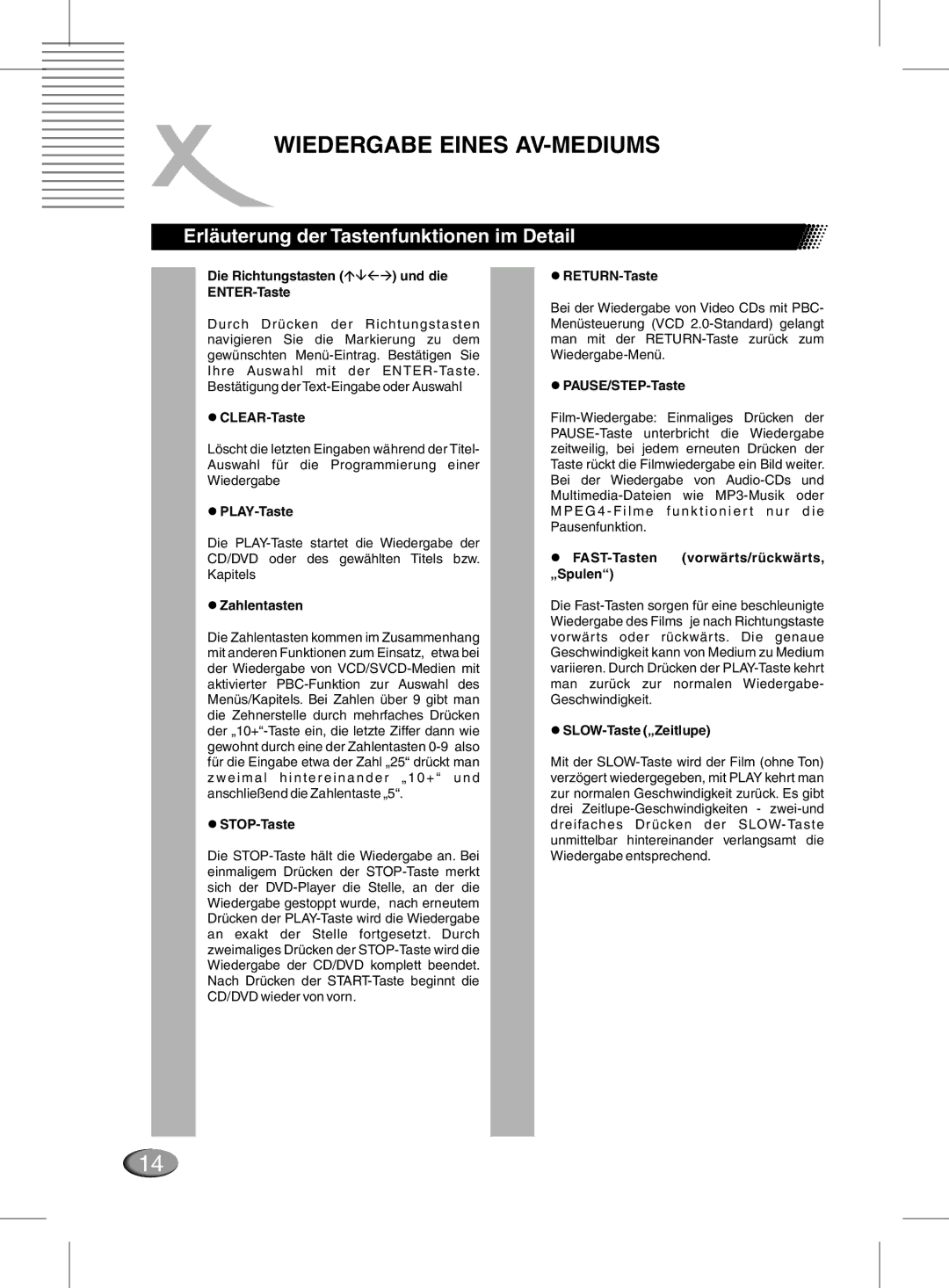 Xoro MPEG4 manual Erläuterung der Tastenfunktionen im Detail 