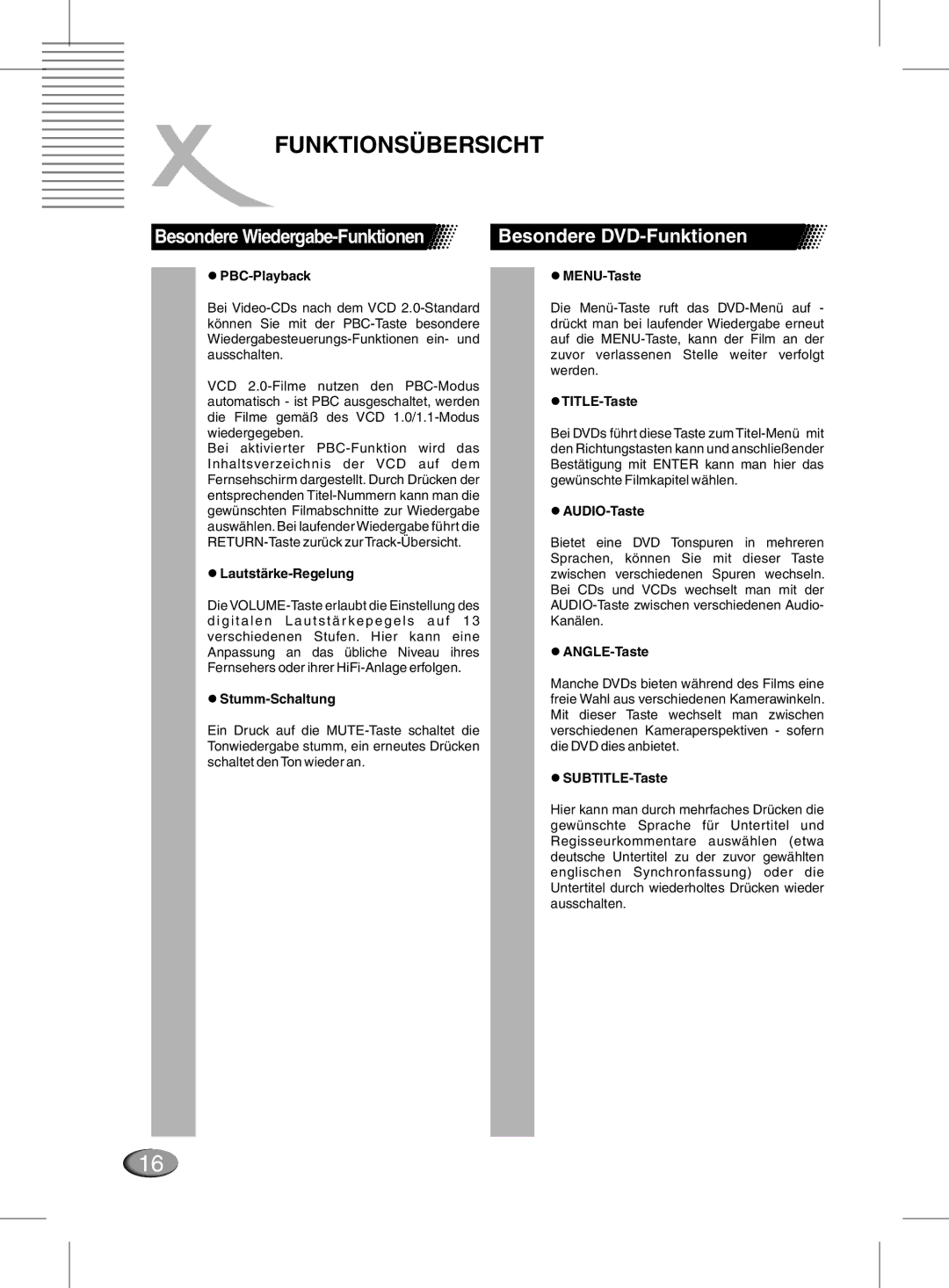 Xoro MPEG4 manual Funktionsübersicht, Besondere Wiedergabe-Funktionen Besondere DVD-Funktionen 