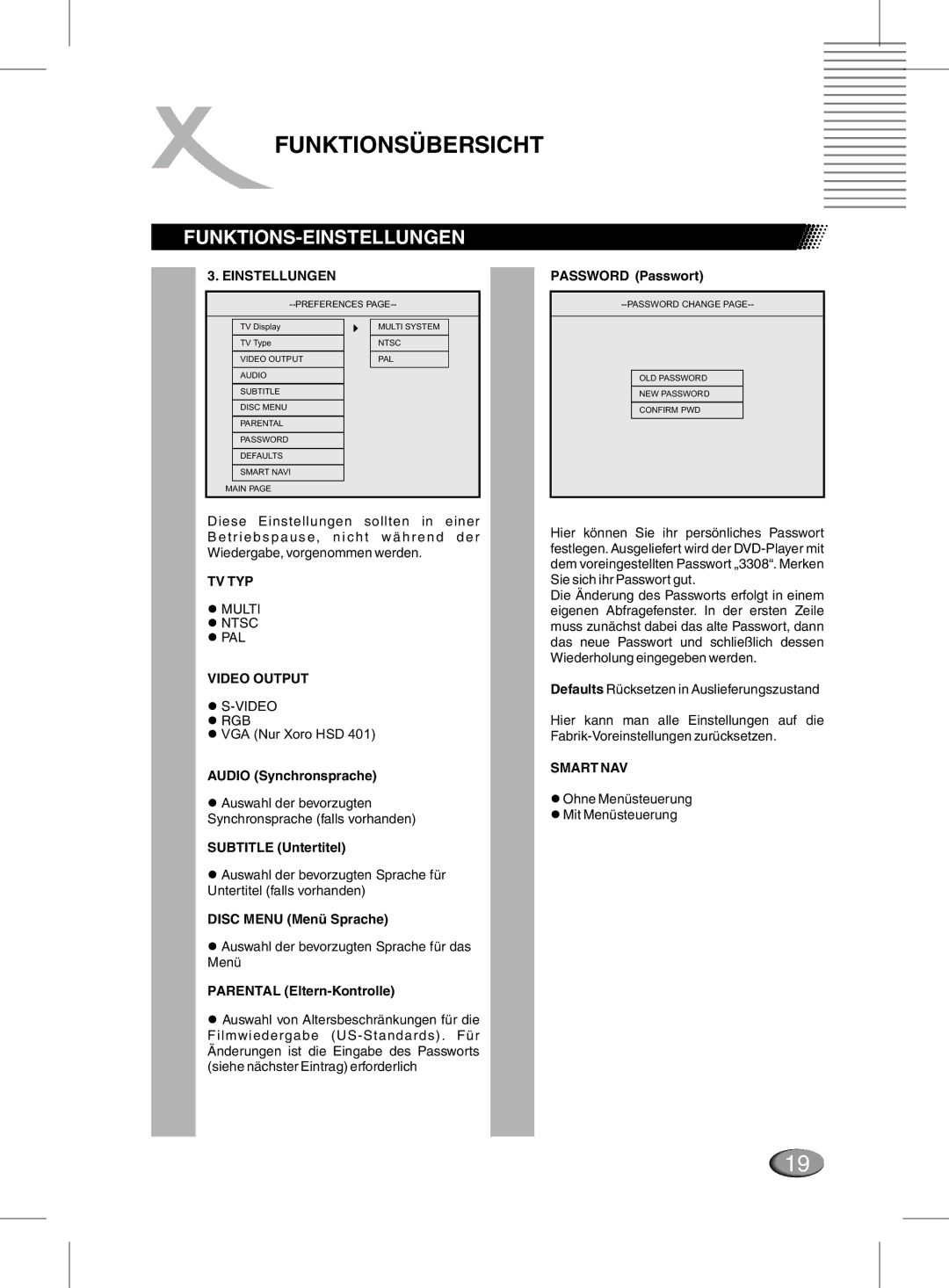 Xoro MPEG4 manual Password Passwort, Audio Synchronsprache, Subtitle Untertitel, Disc Menu Menü Sprache 