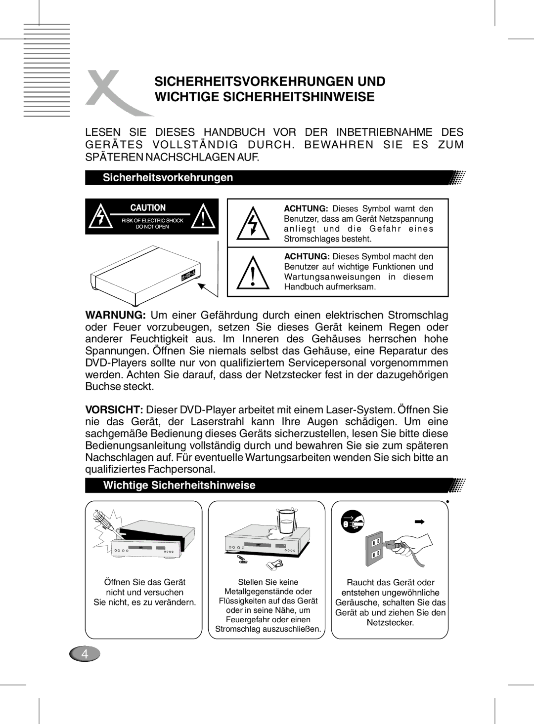 Xoro MPEG4 manual Sicherheitsvorkehrungen UND Wichtige Sicherheitshinweise 