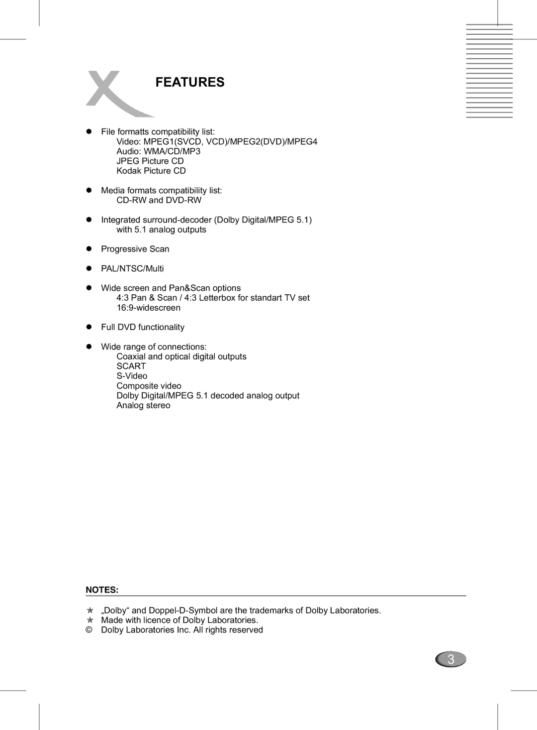 Xoro MPEG4 manual Features, Scart 