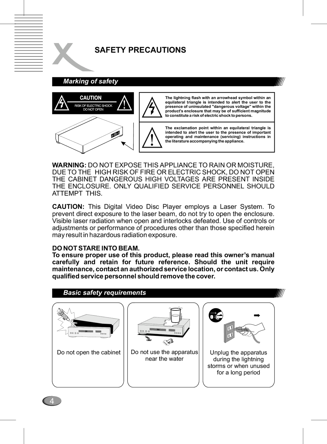 Xoro MPEG4 manual Safety Precautions, Marking of safety, Basic safety requirements 