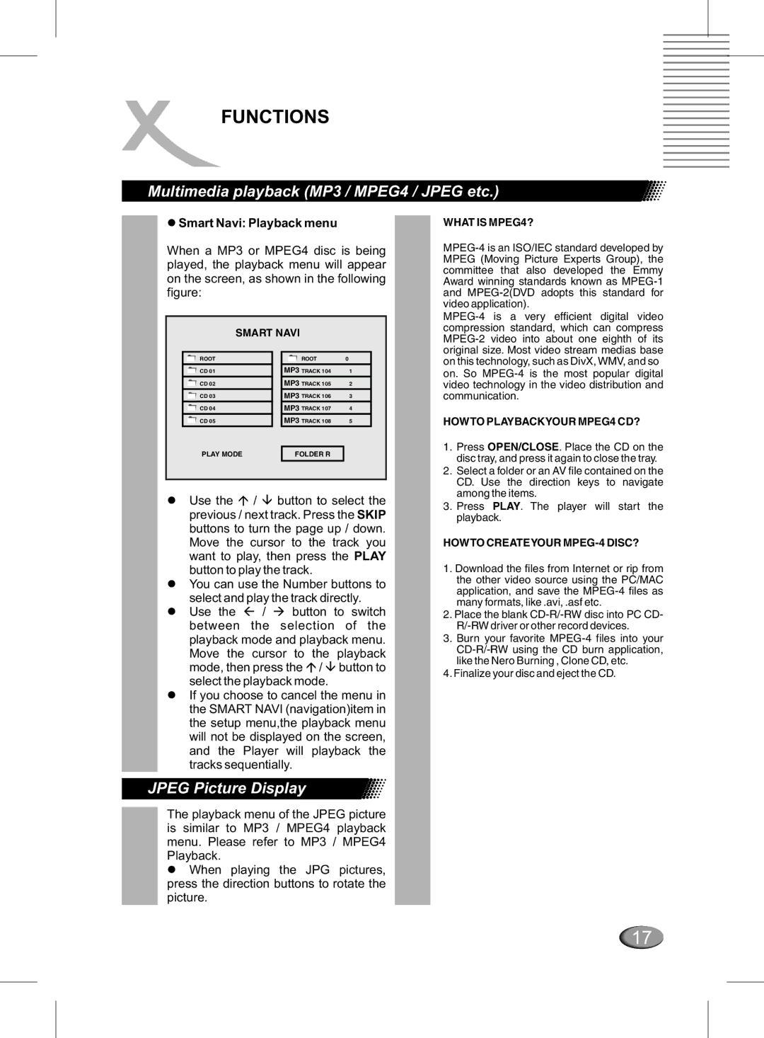 Xoro manual Multimedia playback MP3 / MPEG4 / Jpeg etc, Jpeg Picture Display, Smart Navi Playback menu 