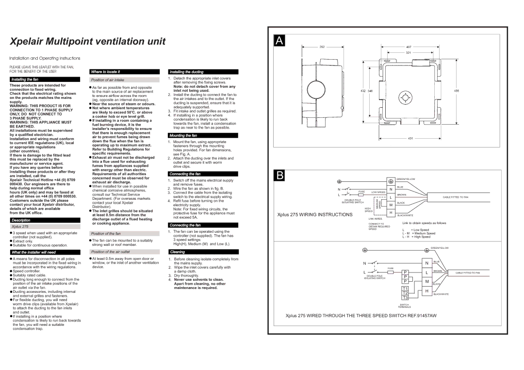 Xpelair 275 specifications Installing the fan, Where to locate it, Description, Cleaning 