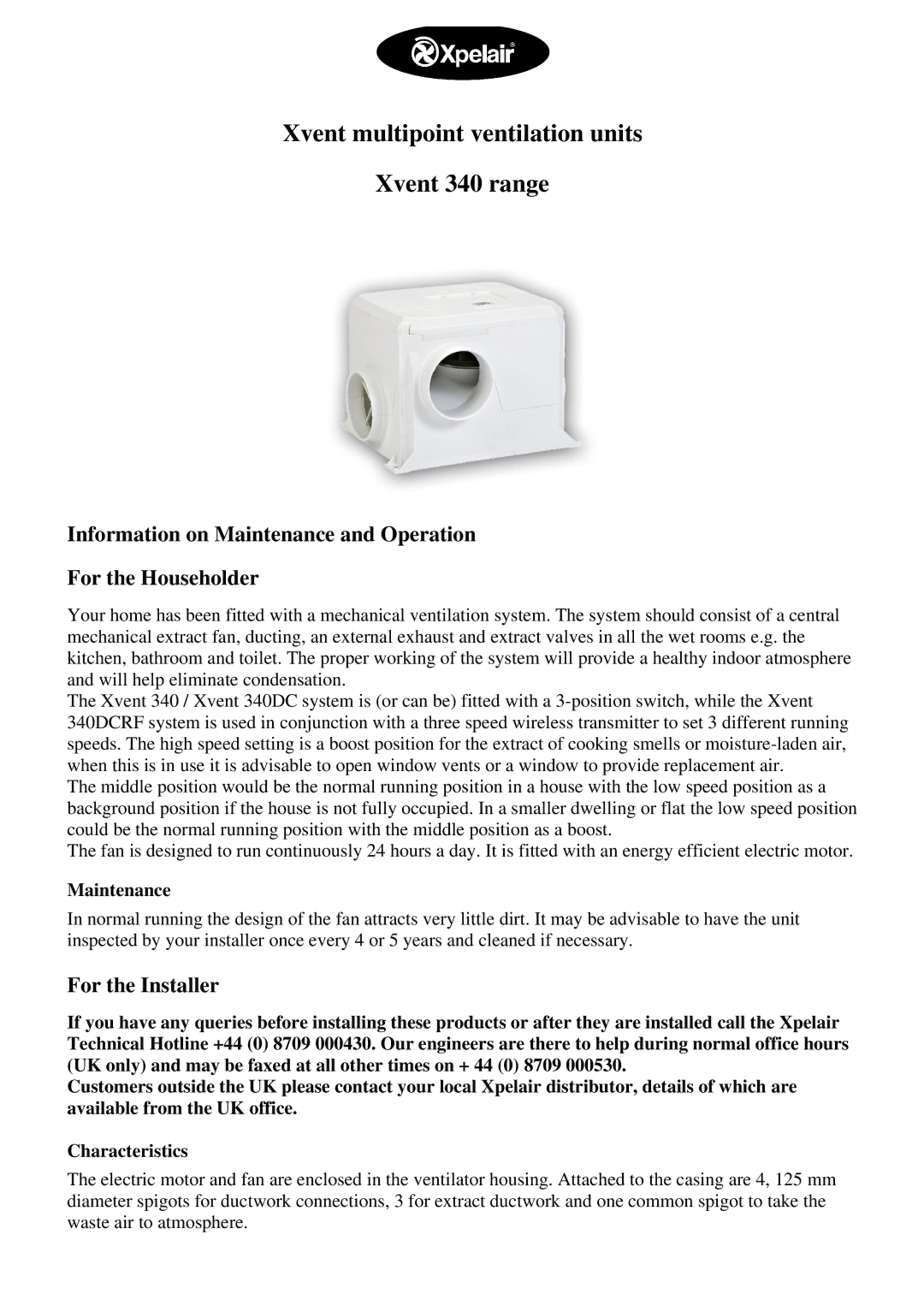 Xpelair manual Xvent multipoint ventilation units Xvent 340 range, Maintenance 