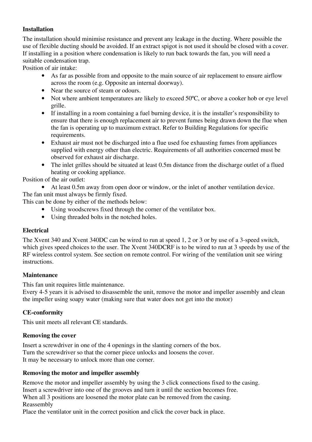 Xpelair 340 manual Installation, Electrical, CE-conformity, Removing the cover, Removing the motor and impeller assembly 