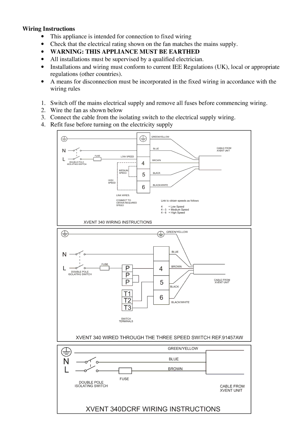 Xpelair 340 manual Wiring Instructions, ∙ Warning this Appliance Must be Earthed 