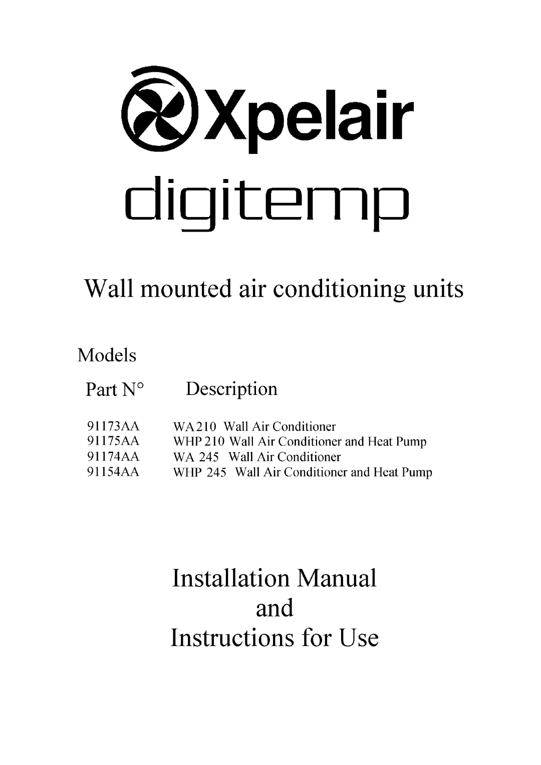 Xpelair 91175AA, 91154AA, 91173AA, 91174AA manual 