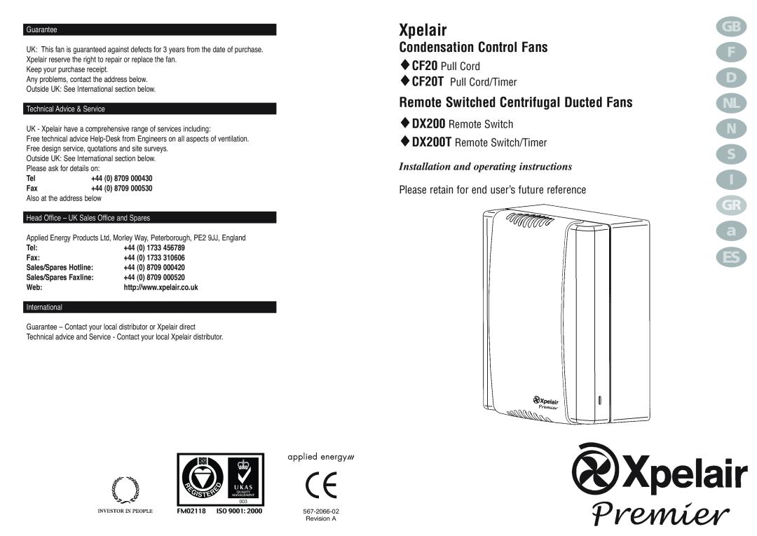 Xpelair CF20 operating instructions Xpelair, a ES, Condensation Control Fans, Remote Switched Centrifugal Ducted Fans, +44 