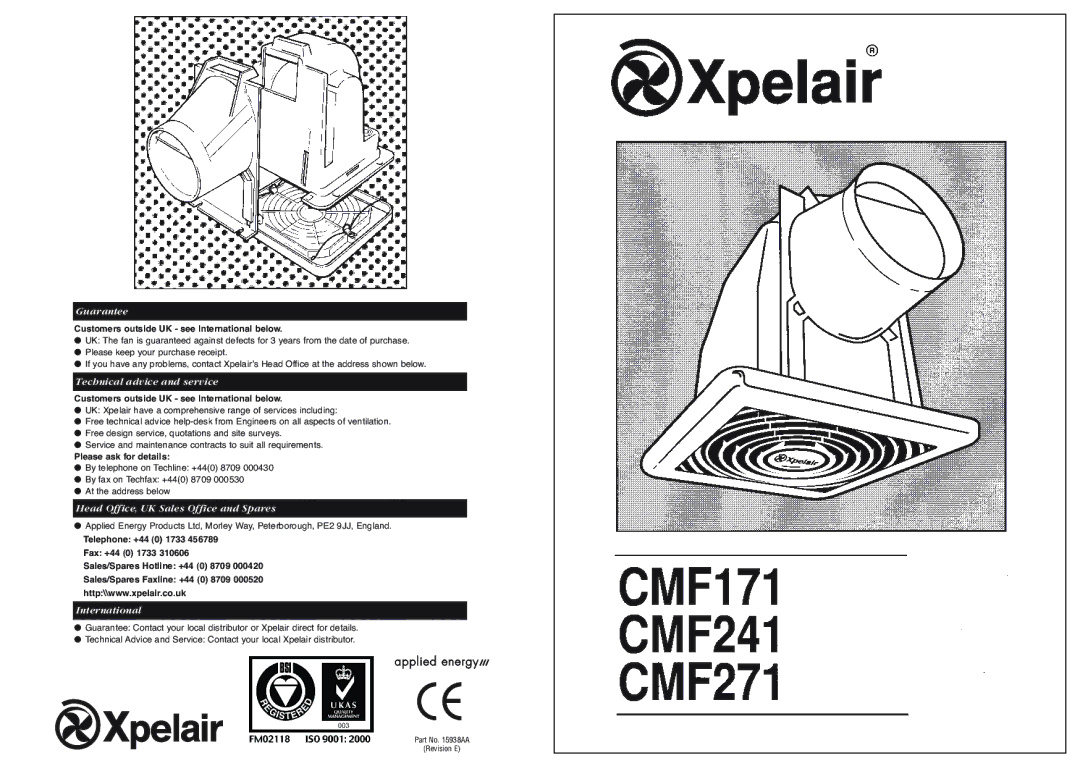 Xpelair CMF171 manual Guarantee, Customers outside UK see International below 