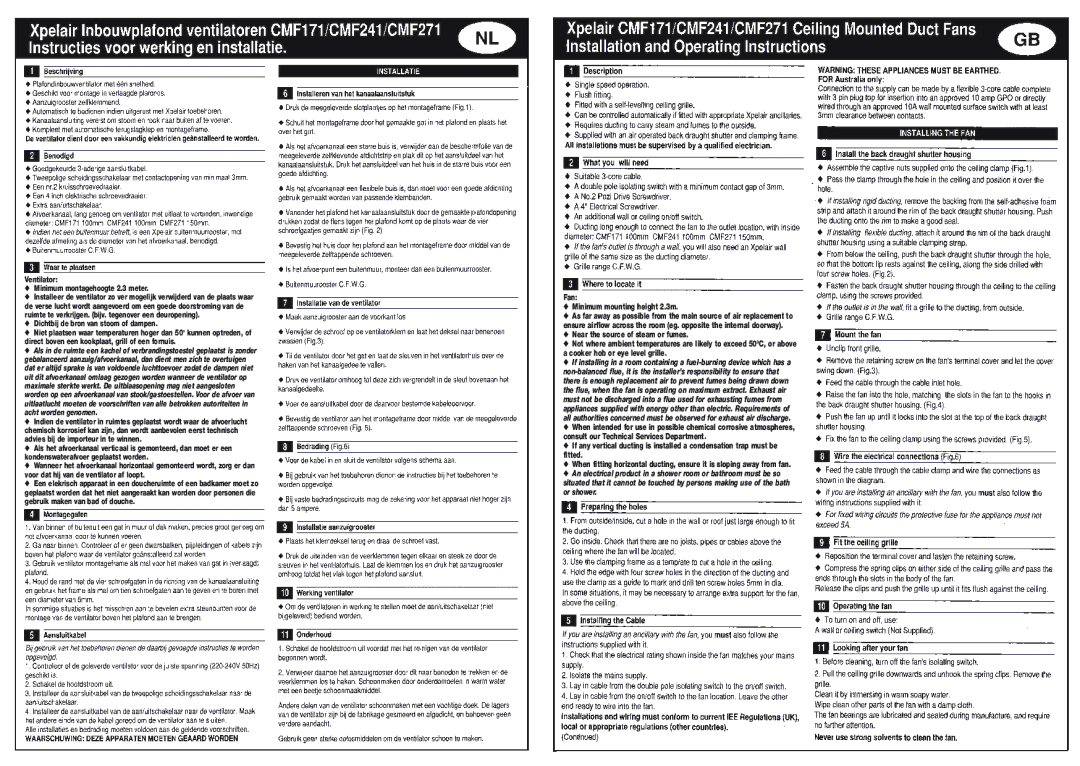 Xpelair CMF171 manual Ventilator Minimum montagehoogte 2.3 meter, Dichtbij de bron van stoom of dampen 