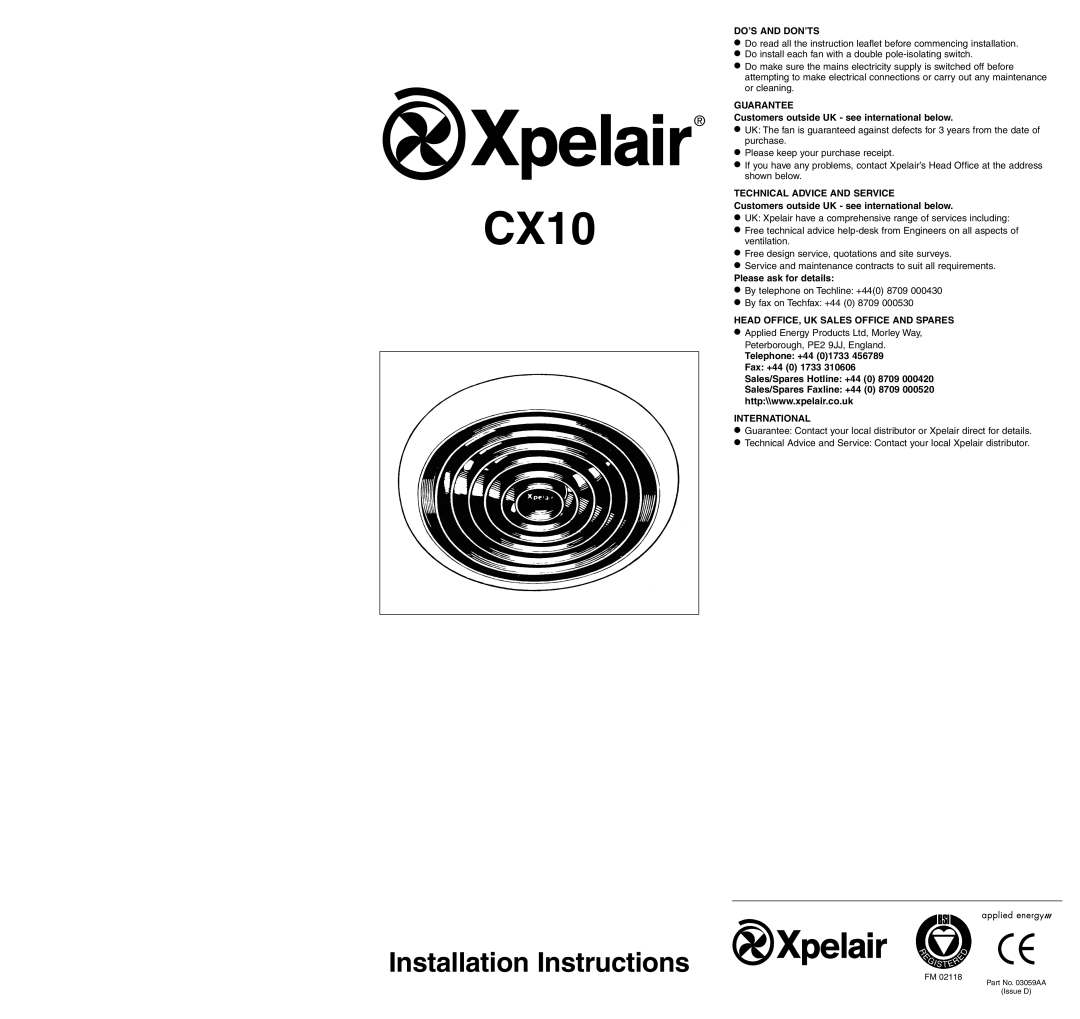 Xpelair CX10 installation instructions Installation Instructions 