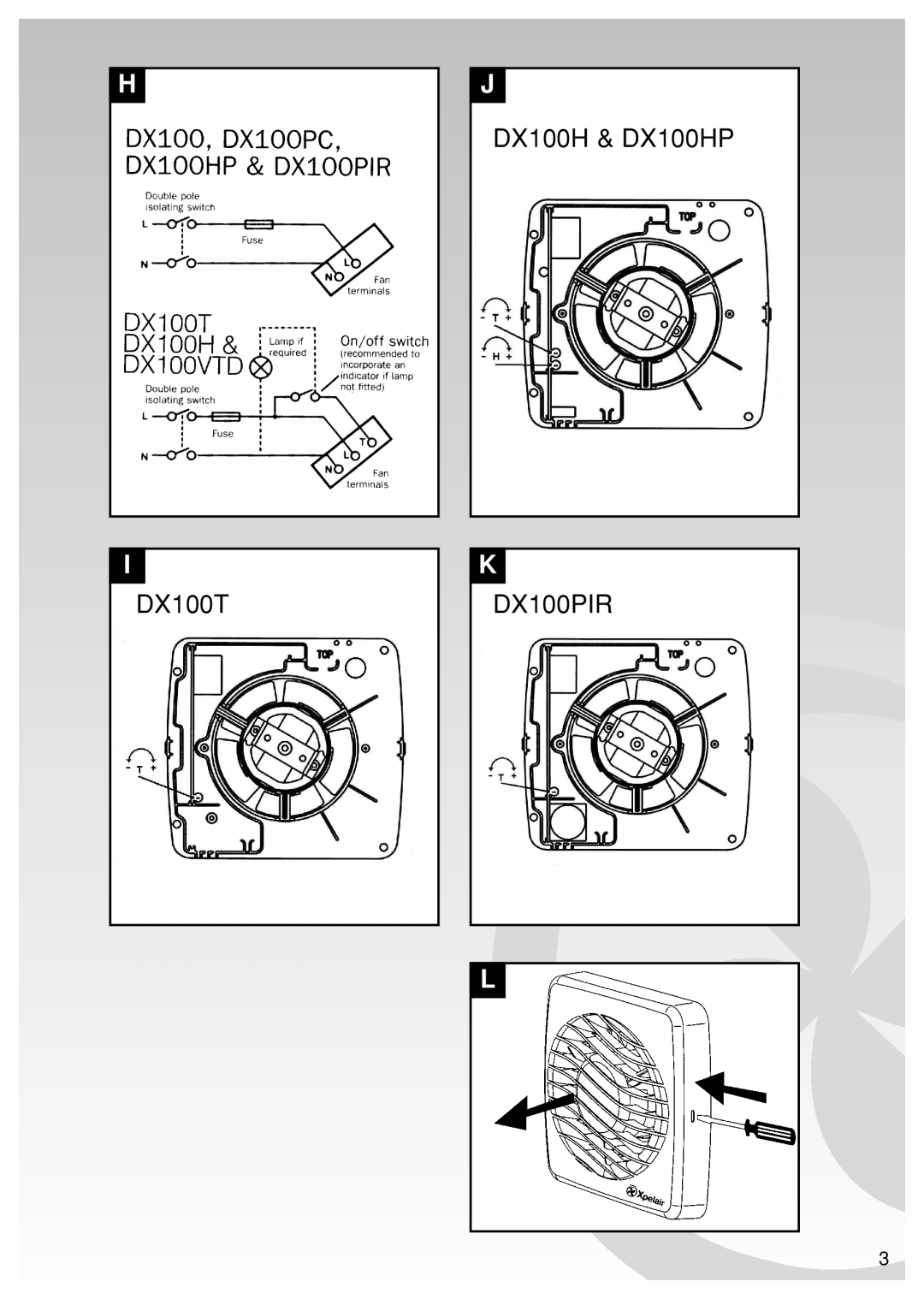 Xpelair DX100PIR, DX100VTD, DX100PC manual DX100T DX100H & DX100HP 