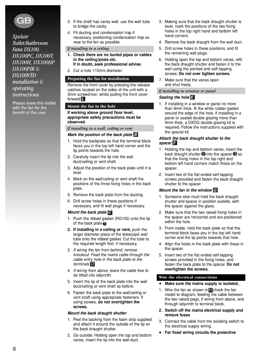 Xpelair DX100HP manual Preparing the fan for installation, Mount the fan in the hole, Wire the electrical connections 