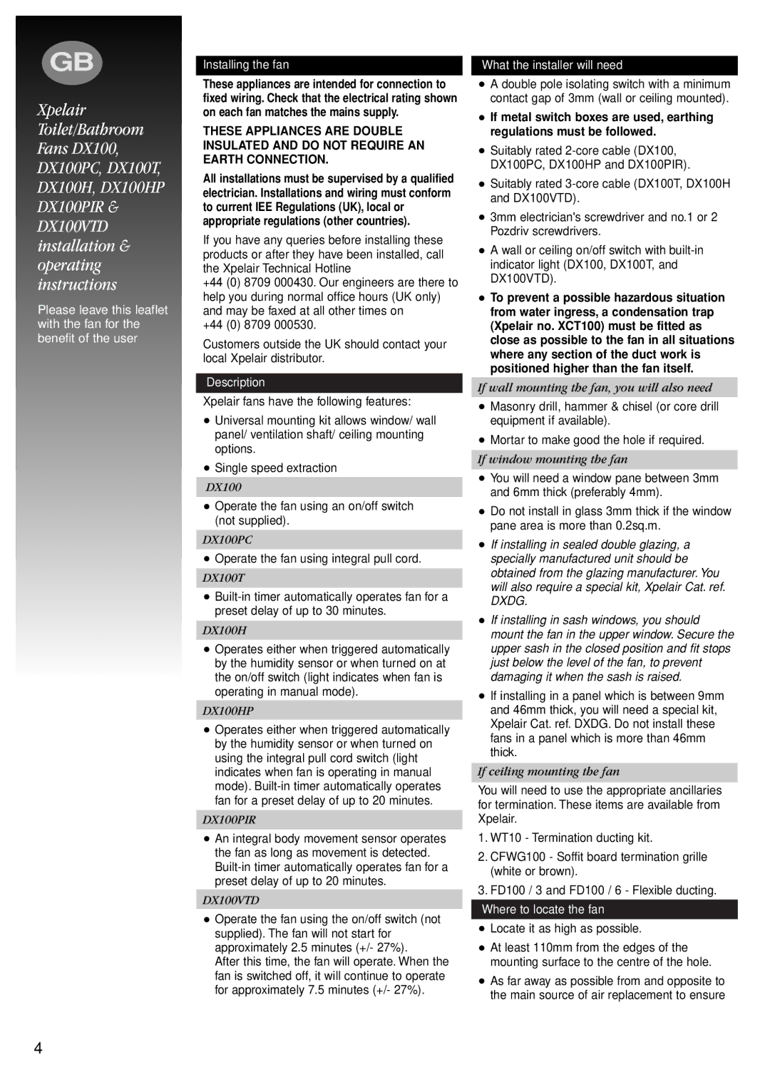 Xpelair DX100PC, DX100T, DX100PIR Installing the fan, Description, What the installer will need, Where to locate the fan 