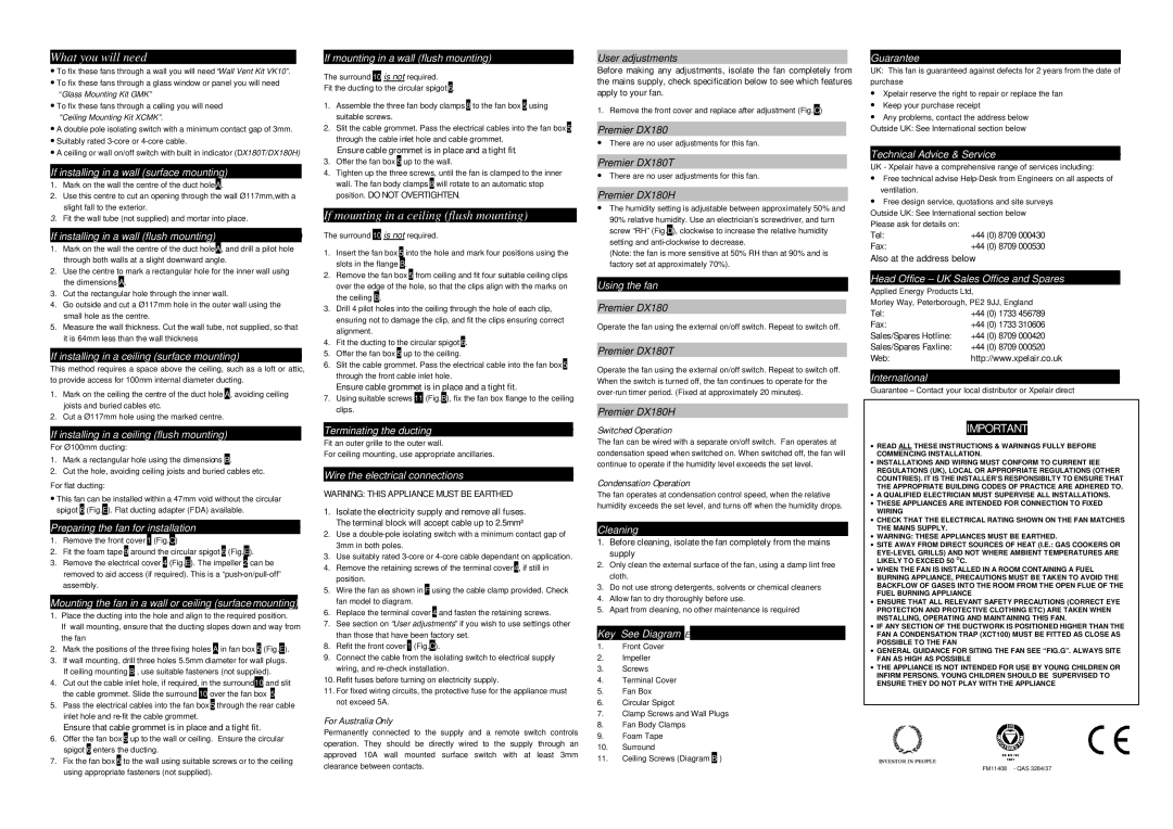 Xpelair DX180H dimensions If installing in a wall surface mounting, If installing in a wall flush mounting, Using the fan 