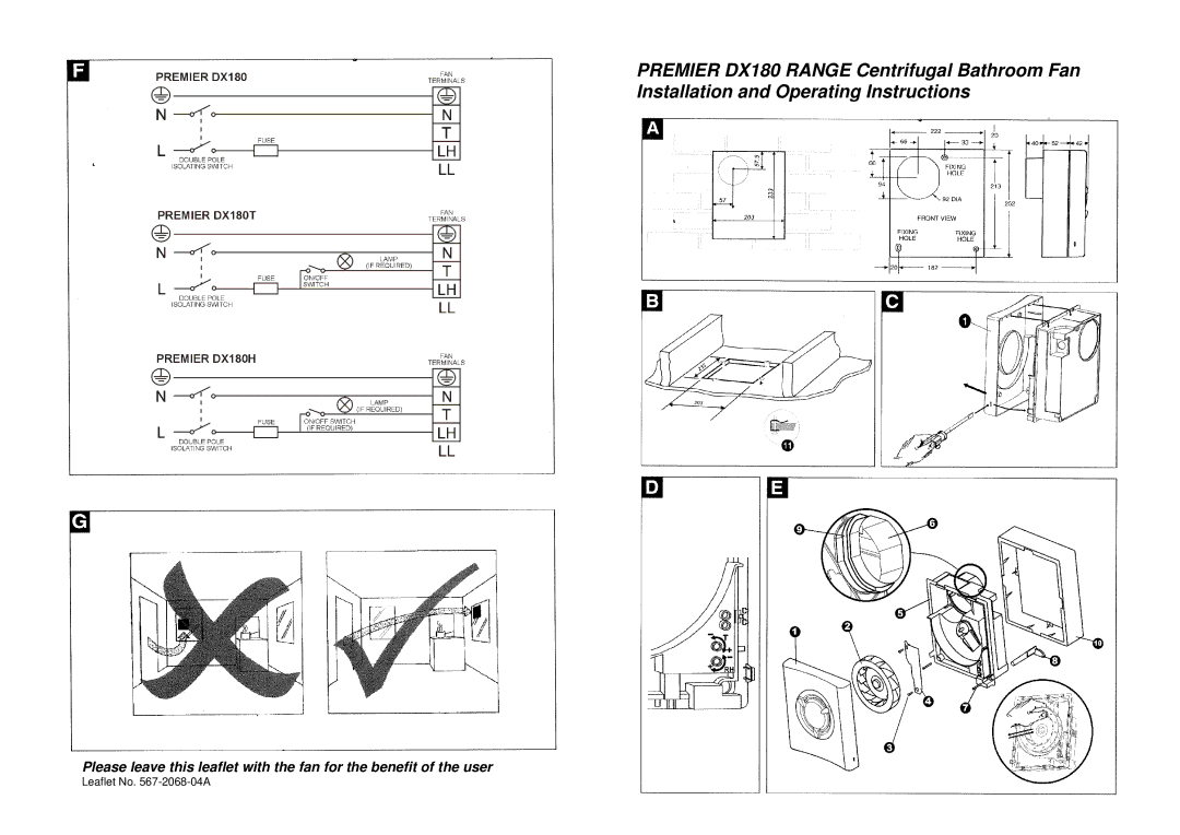 Xpelair DX180T, DX180H dimensions Leaflet No -2068-04A 